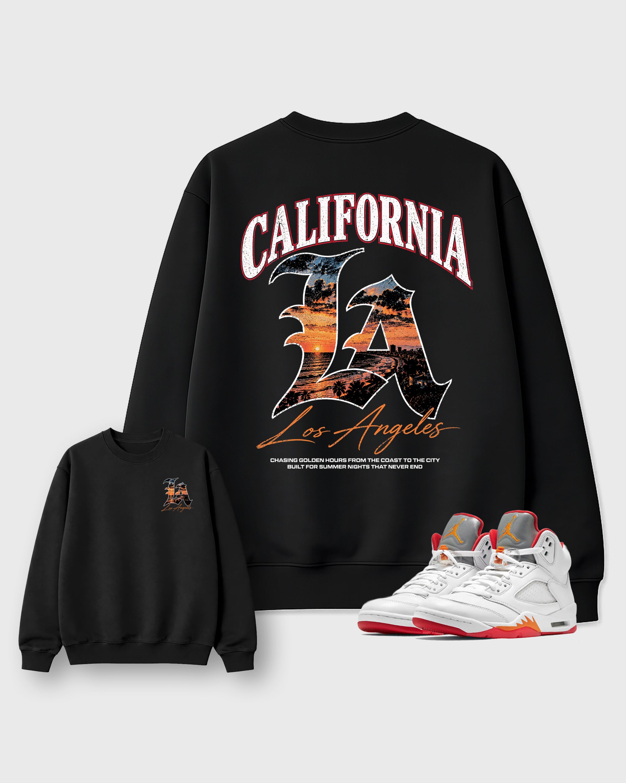 California Sunset Black Graphic Sweatshirt - 1, a sneaker matching sweatshirt designed to coordinate with Air Jordan 5 Retro Sunset sneakers for a complete sneaker outfit.
