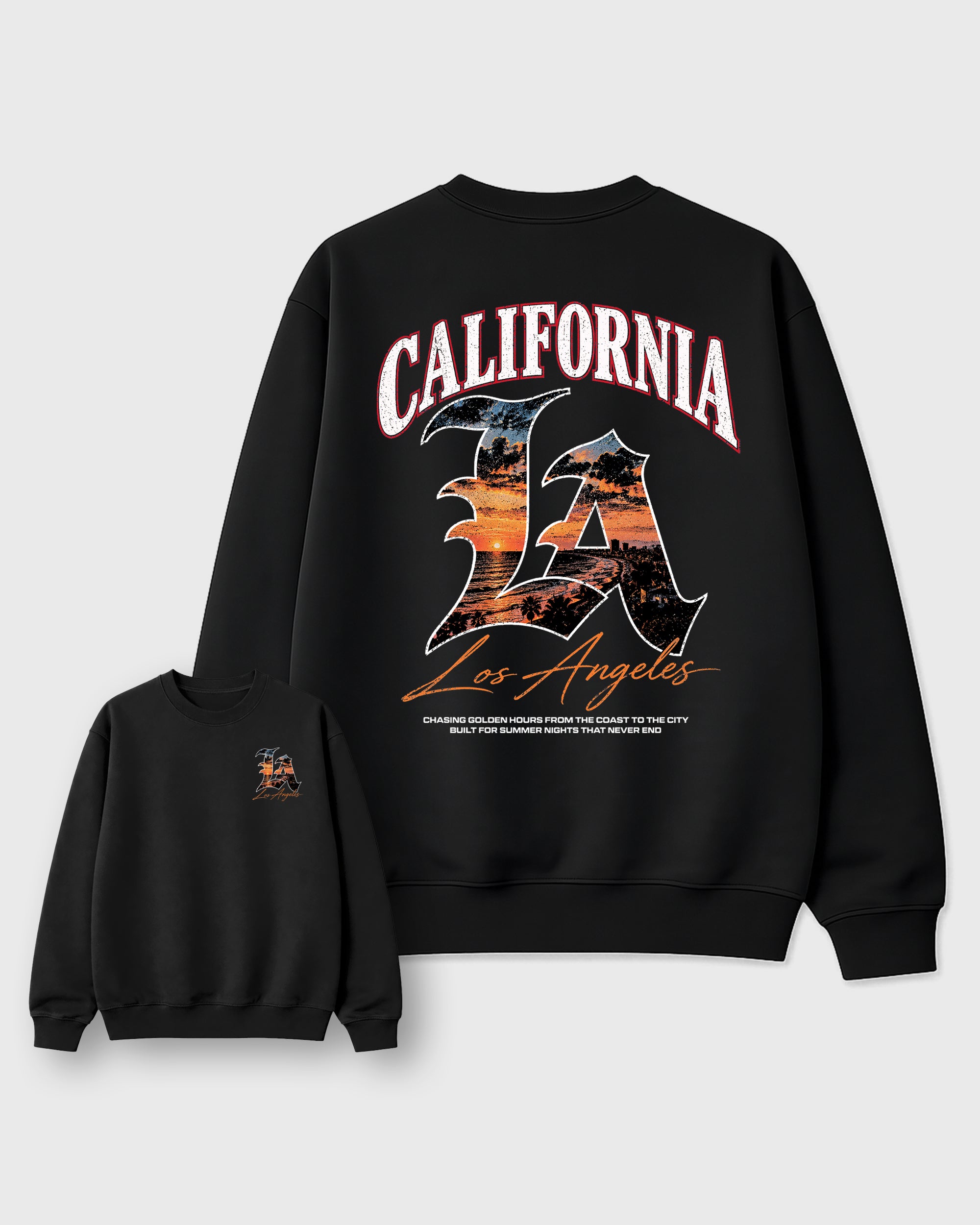 California Sunset Black Graphic Sweatshirt - 1, a sneaker matching sweatshirt designed to coordinate with Air Jordan 5 Retro Sunset sneakers for a complete sneaker outfit.