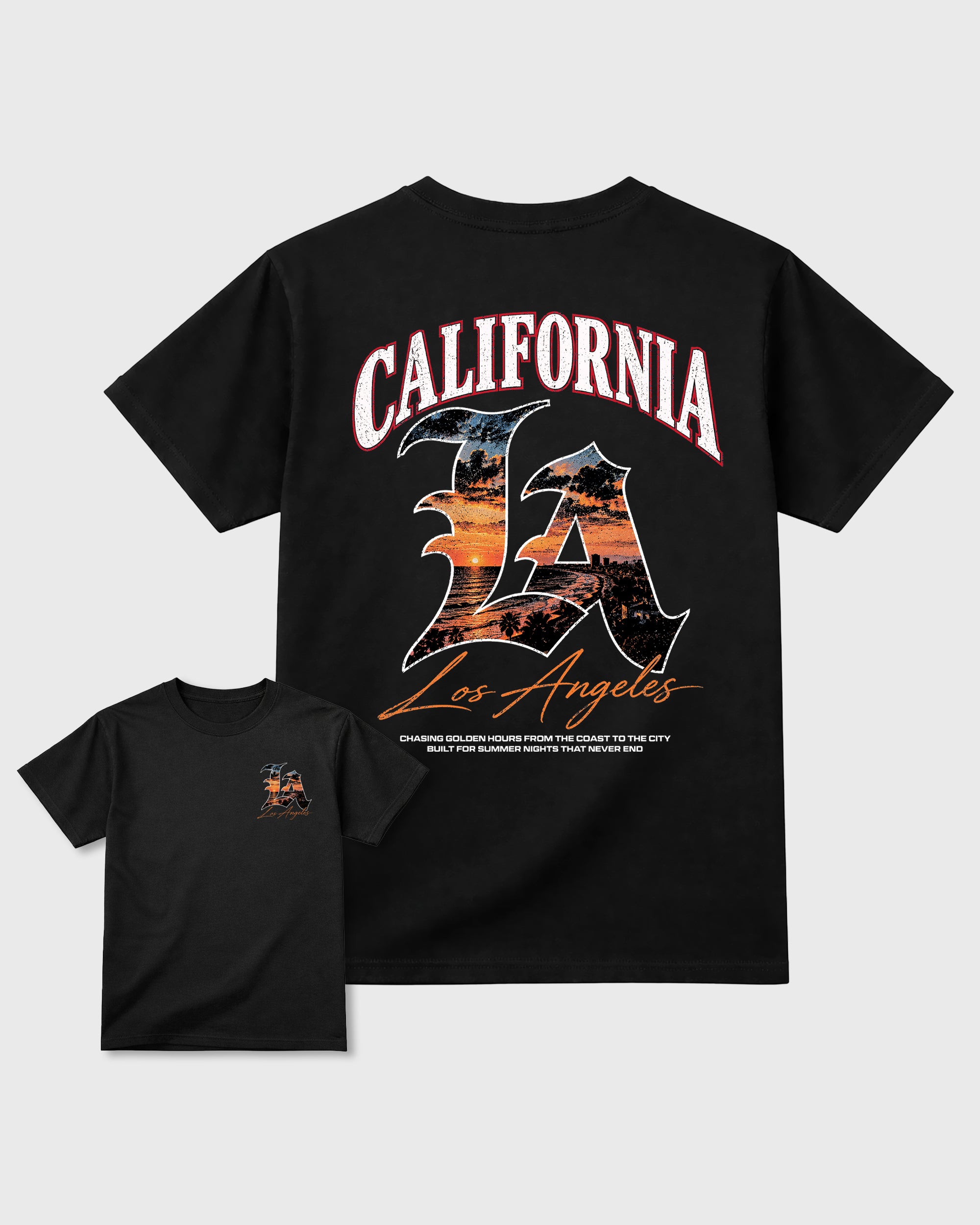 California Sunset Black Graphic T-Shirt - 2, sneaker tee made to match Air Jordan 5 Retro Sunset sneakers with original graphic artwork for a coordinated sneaker outfit.