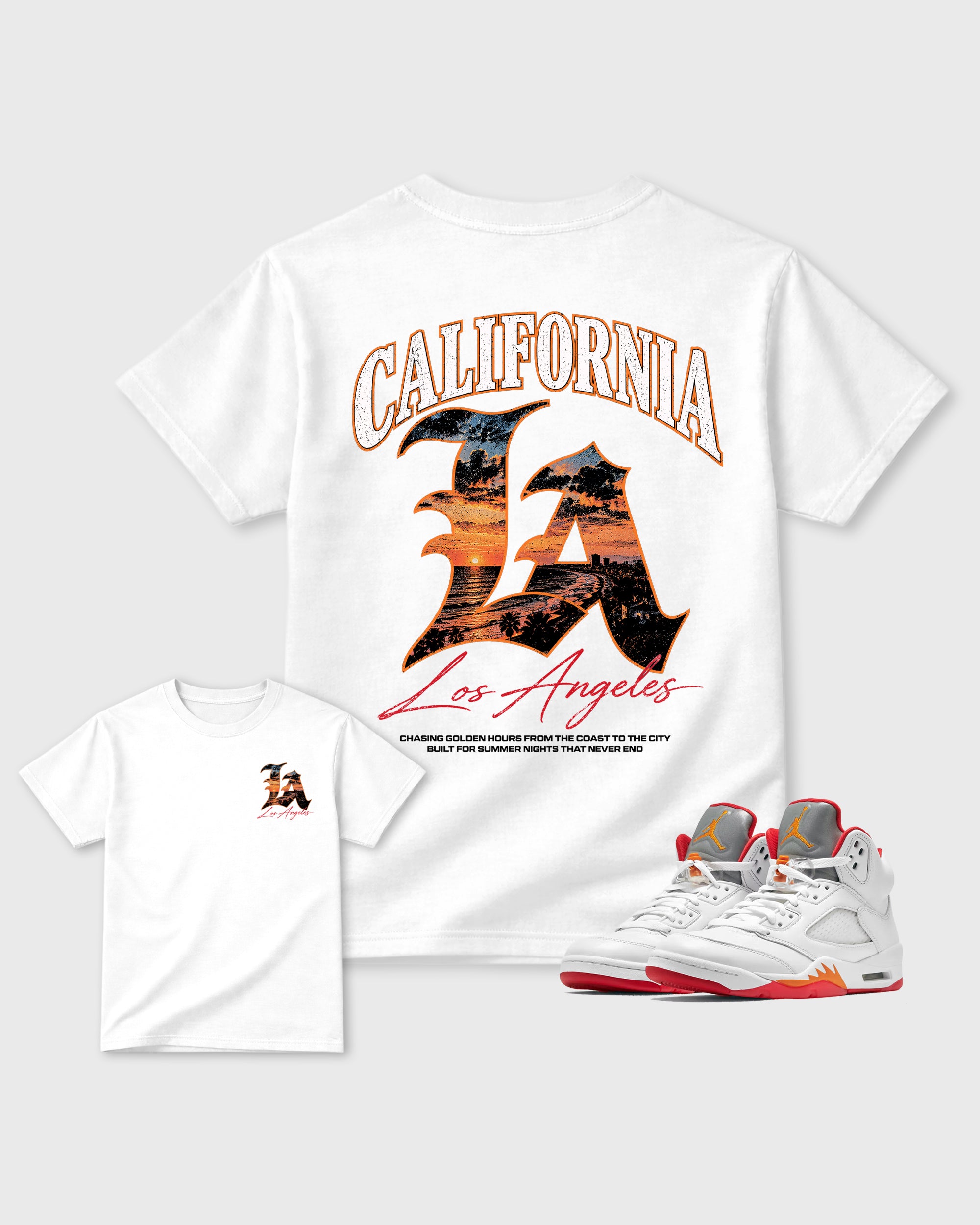 California Sunset White Graphic T-Shirt - 1, sneaker matching tee designed to match Air Jordan 5 Retro Sunset sneakers for a coordinated sneaker outfit.