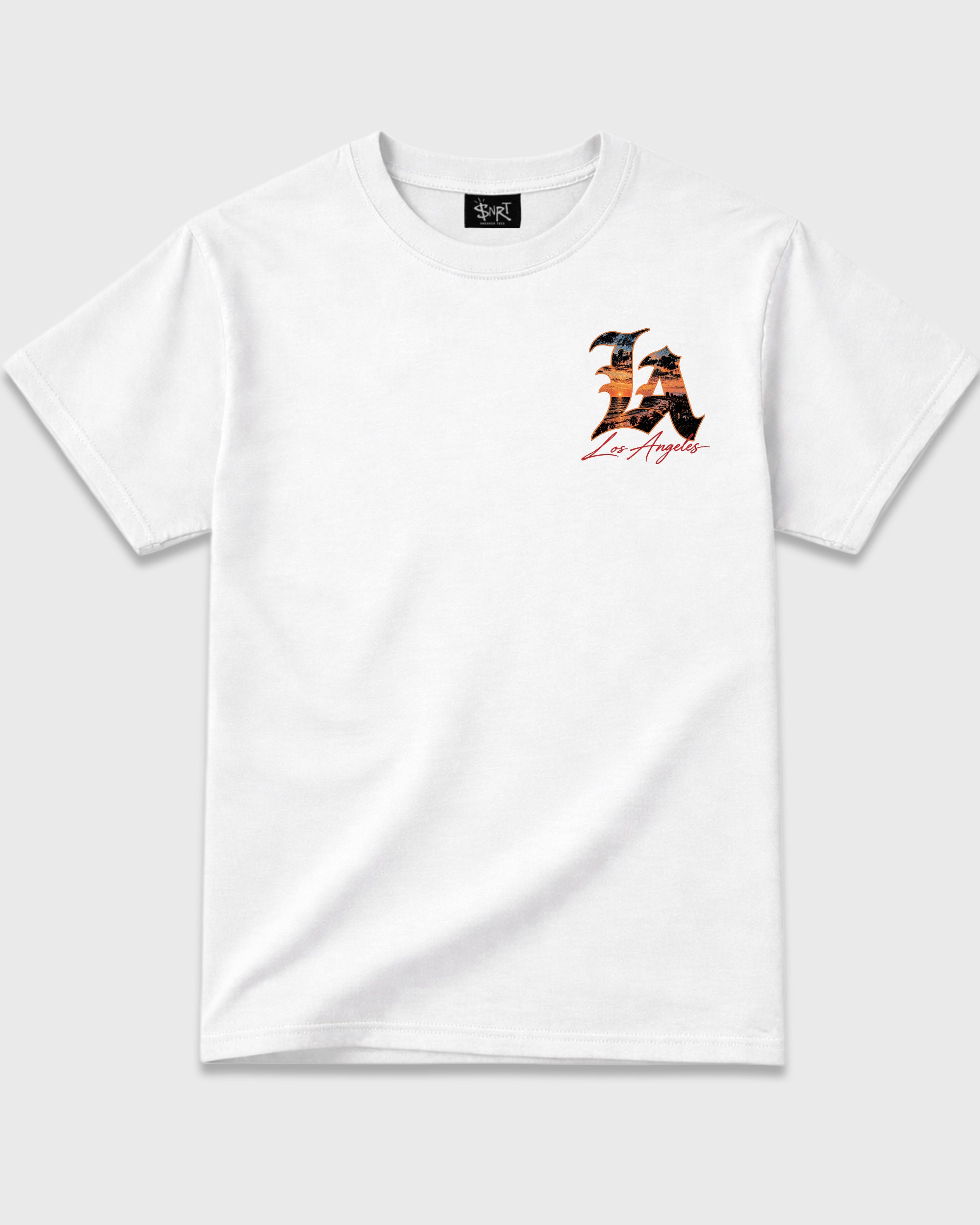 California Sunset White Graphic T-Shirt - 3, sneaker matching shirt designed to pair with Air Jordan 5 Retro Sunset sneakers for a coordinated streetwear outfit.