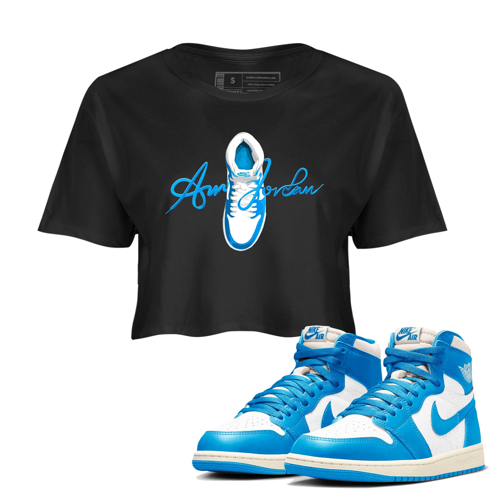 1s High OG UNC Reimagined shirts to match jordans Caligraphy Shoe Lace graphic tees Air Jordan 1 UNC Reimagined match shoes to clothes SNRT Sneaker Tees unisex cotton Black 1 crop tee