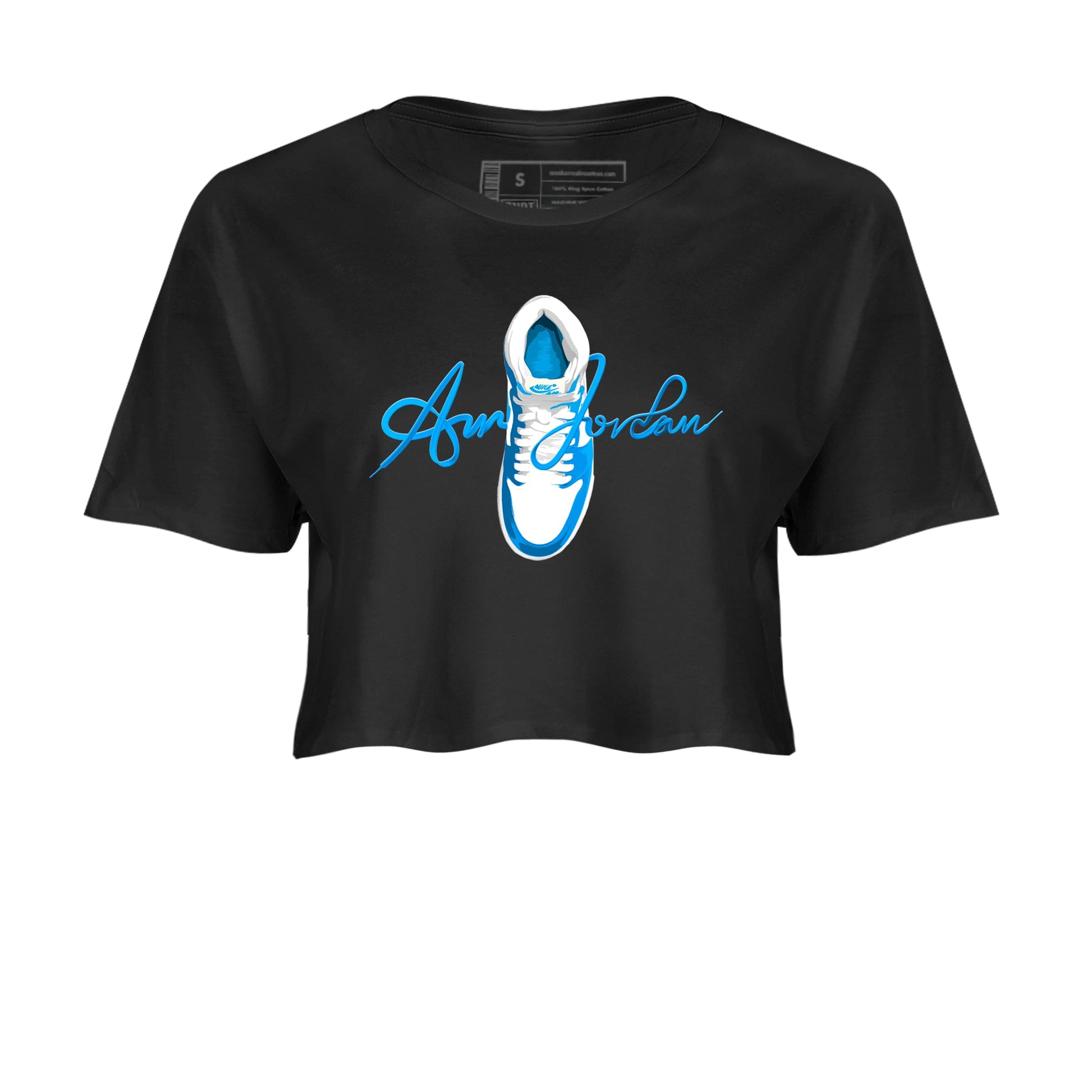1s High OG UNC Reimagined shirts to match jordans Caligraphy Shoe Lace graphic tees Air Jordan 1 UNC Reimagined match shoes to clothes SNRT Sneaker Tees unisex cotton Black 2 crop tee