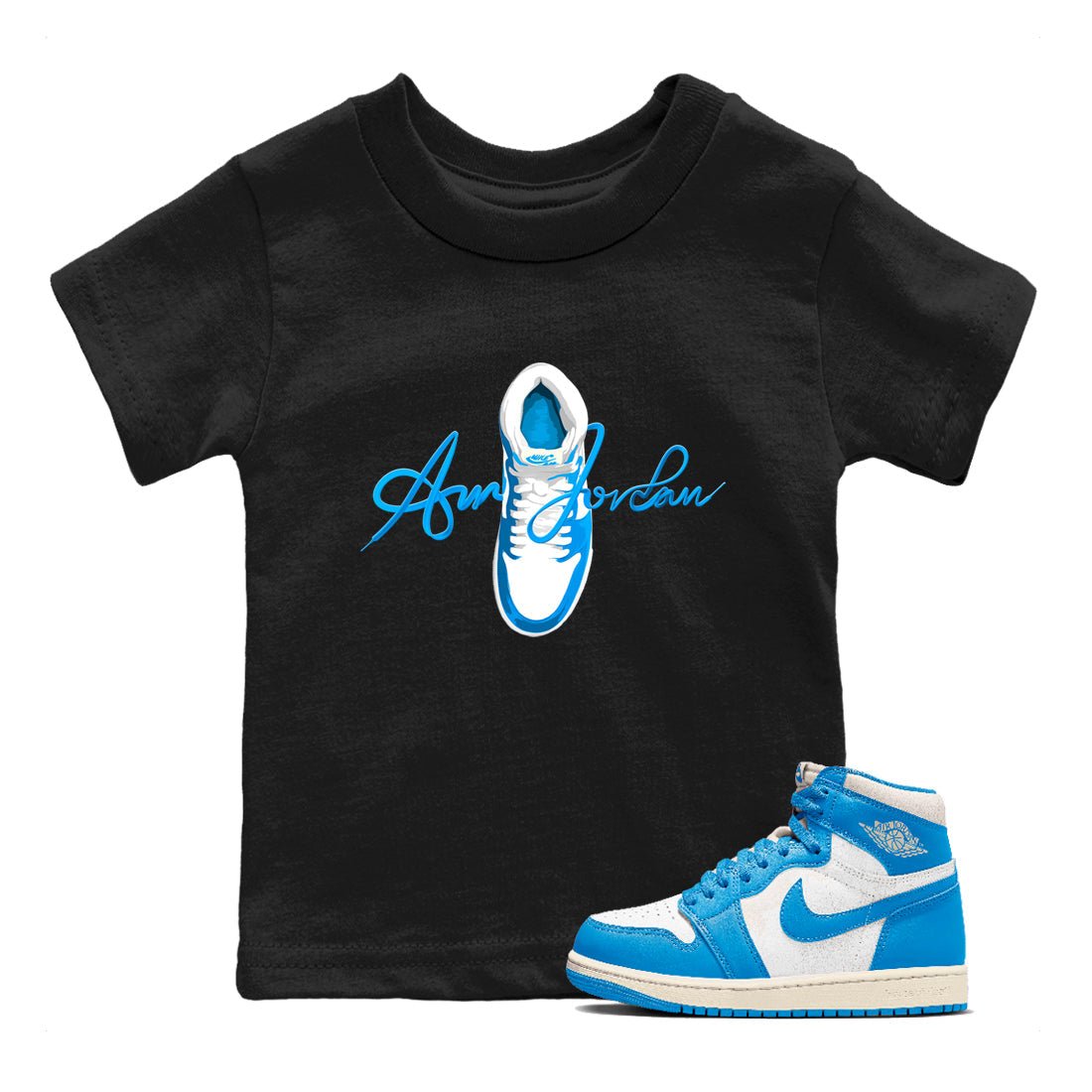 1s High OG UNC Reimagined shirts to match jordans Caligraphy Shoe Lace graphic tees Air Jordan 1 UNC Reimagined match shoes to clothes SNRT Sneaker Tees Youth Baby Black 1 tee
