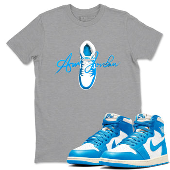 1s High OG UNC Reimagined shirts to match jordans Caligraphy Shoe Lace graphic tees Air Jordan 1 UNC Reimagined match shoes to clothes SNRT Sneaker Tees unisex cotton Heather Grey 1 shirts