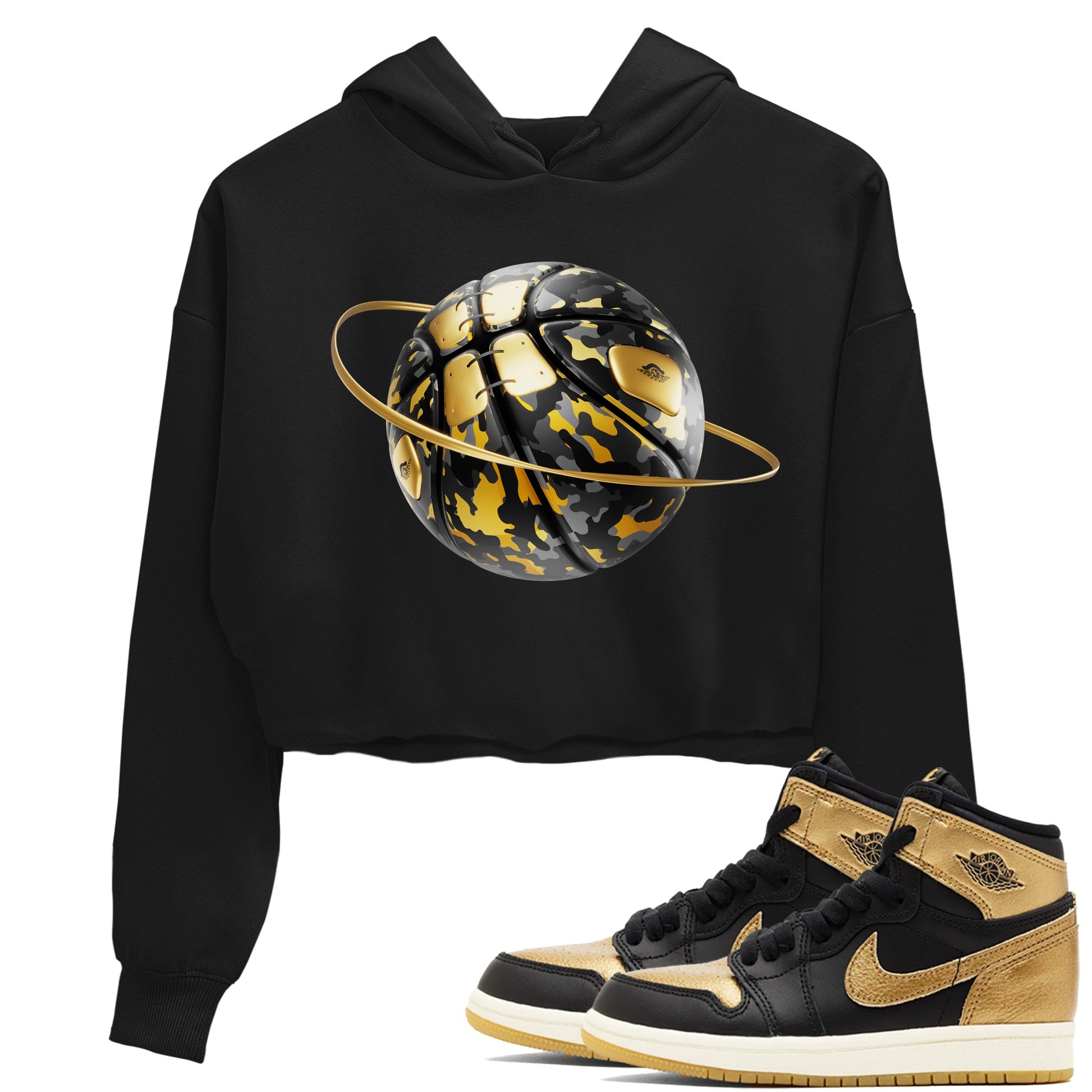 1s Black Metallic Gold shirts to match jordans Camo Basketball Planet sneaker match tees Air Jordan 1 Black Metallic Gold SNRT Sneaker Tees streetwear brand Black 1 crop tee
