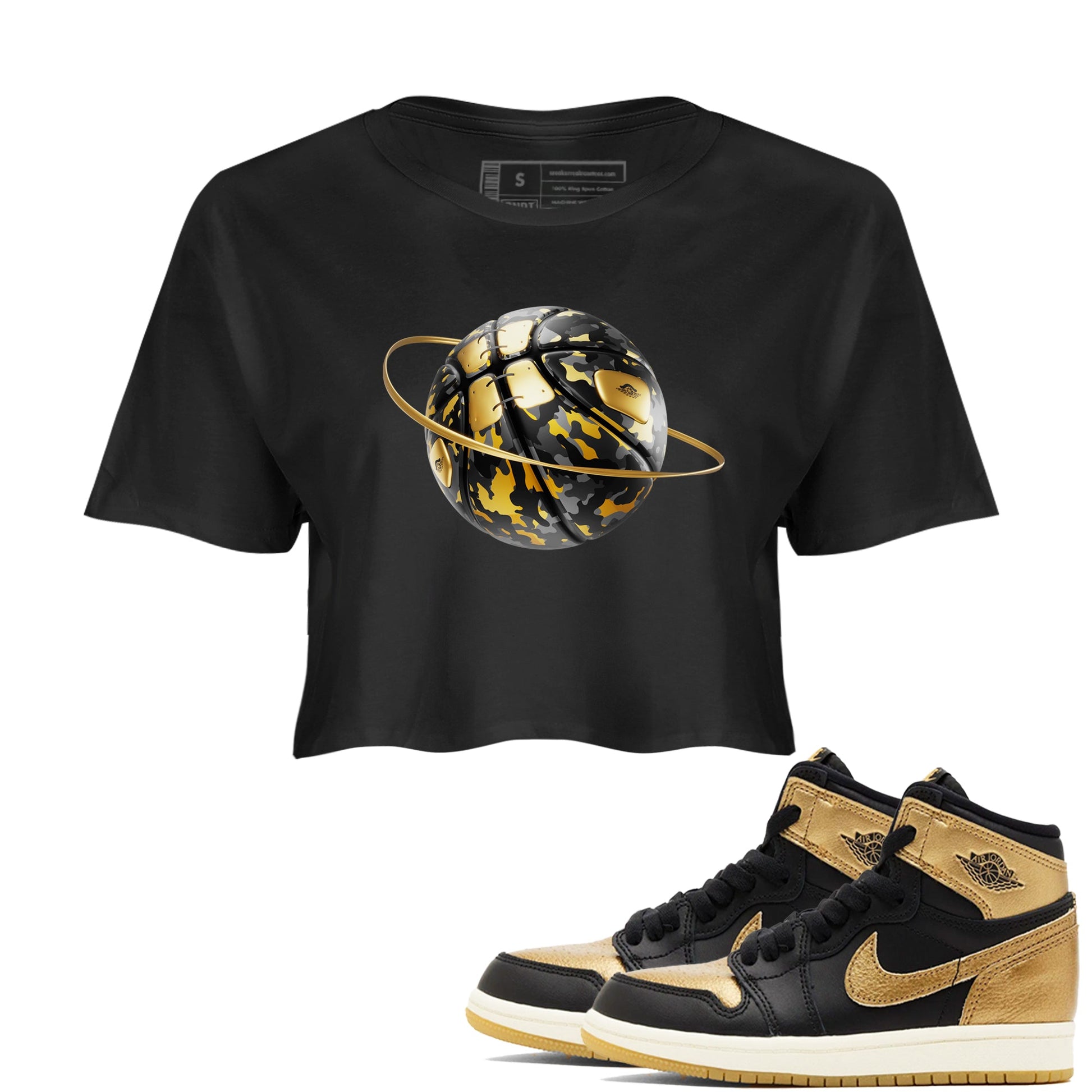 1s Black Metallic Gold shirts to match jordans Camo Basketball Planet sneaker match tees Air Jordan 1 Black Metallic Gold SNRT Sneaker Tees streetwear brand Black 1 crop tee