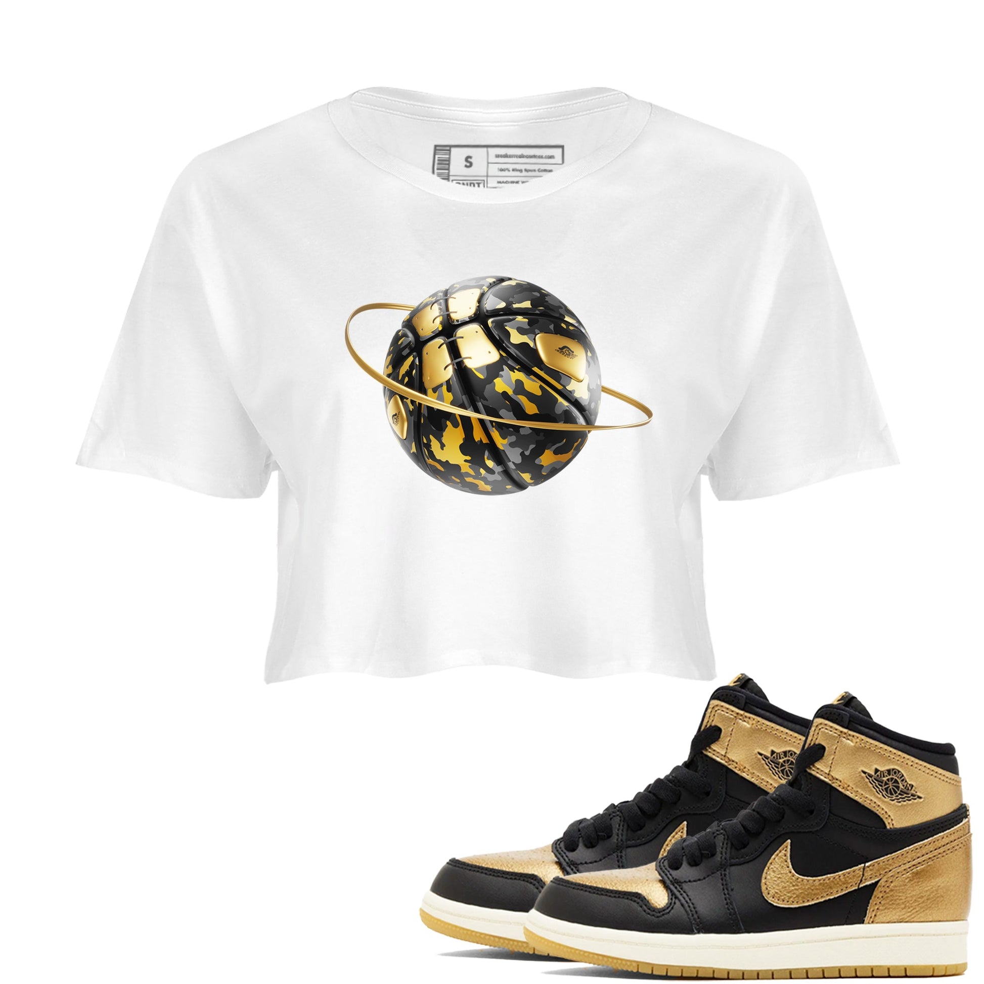 1s Black Metallic Gold shirts to match jordans Camo Basketball Planet sneaker match tees Air Jordan 1 Black Metallic Gold SNRT Sneaker Tees streetwear brand White 1 crop tee