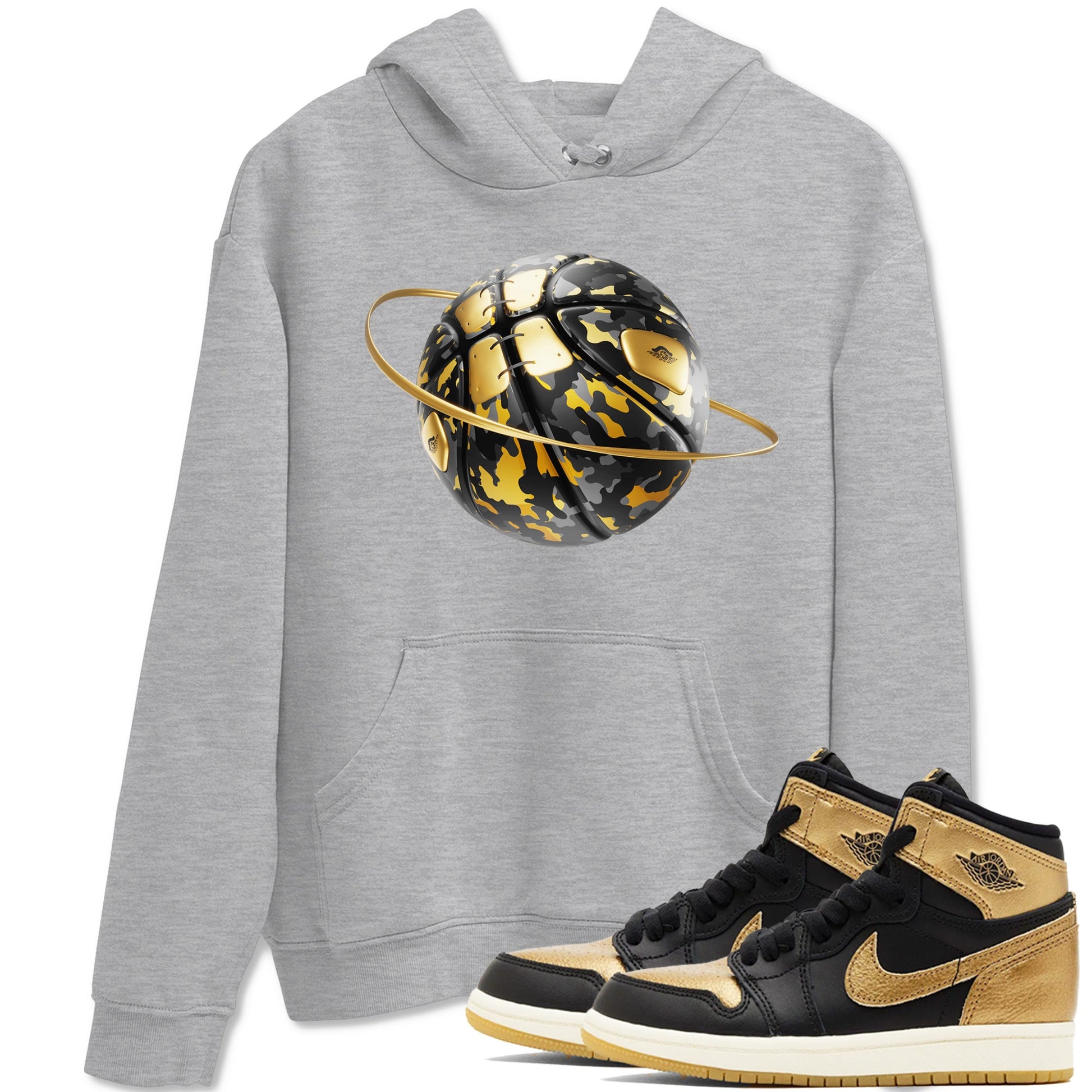 1s Black Metallic Gold shirts to match jordans Camo Basketball Planet sneaker match tees Air Jordan 1 Black Metallic Gold SNRT Sneaker Tees streetwear brand Heather Grey 1 unisex cotton tee