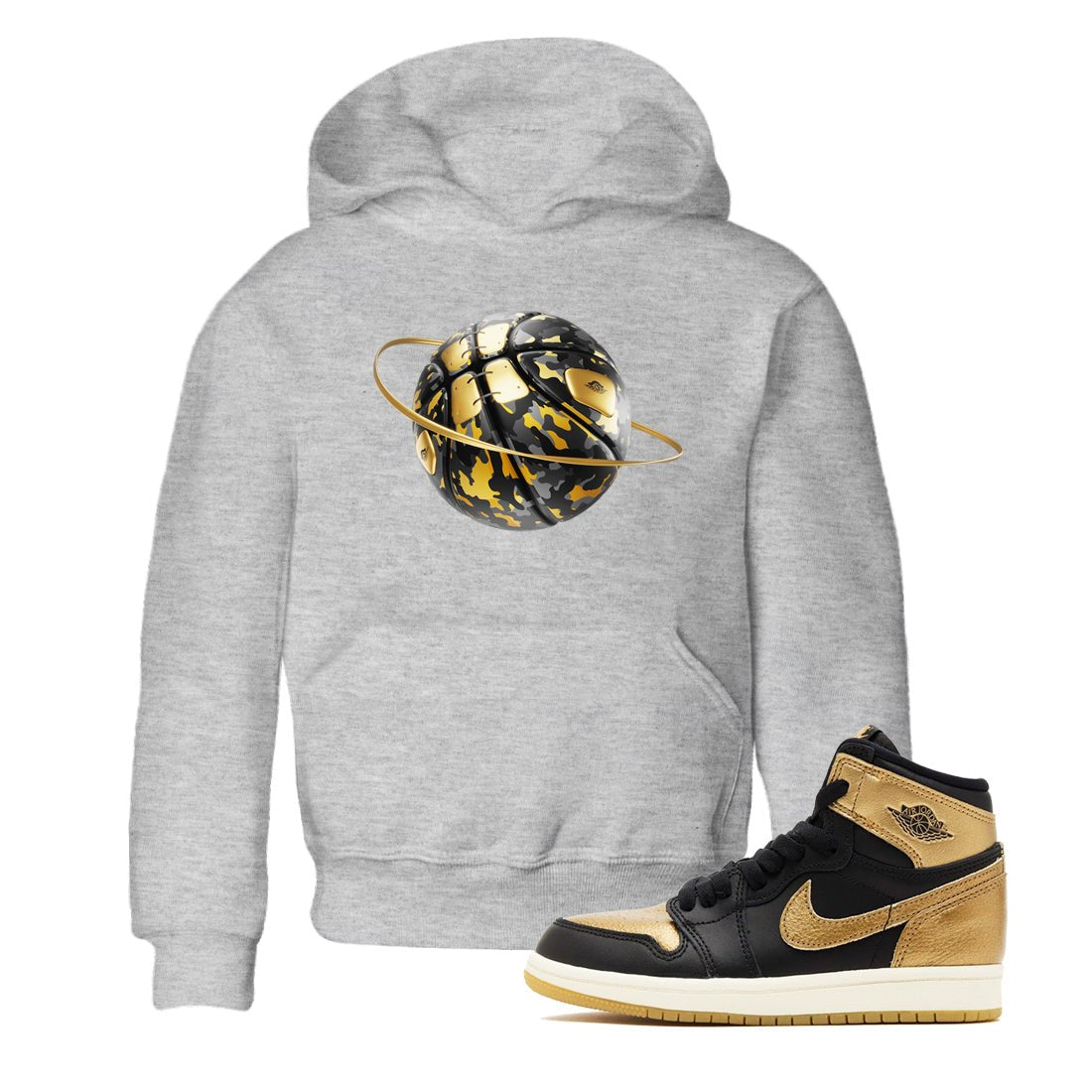 1s Black Metallic Gold shirts to match jordans Camo Basketball Planet sneaker match tees Air Jordan 1 Black Metallic Gold SNRT Sneaker Tees streetwear brand Baby and Youth Heather Grey 1 cotton tee