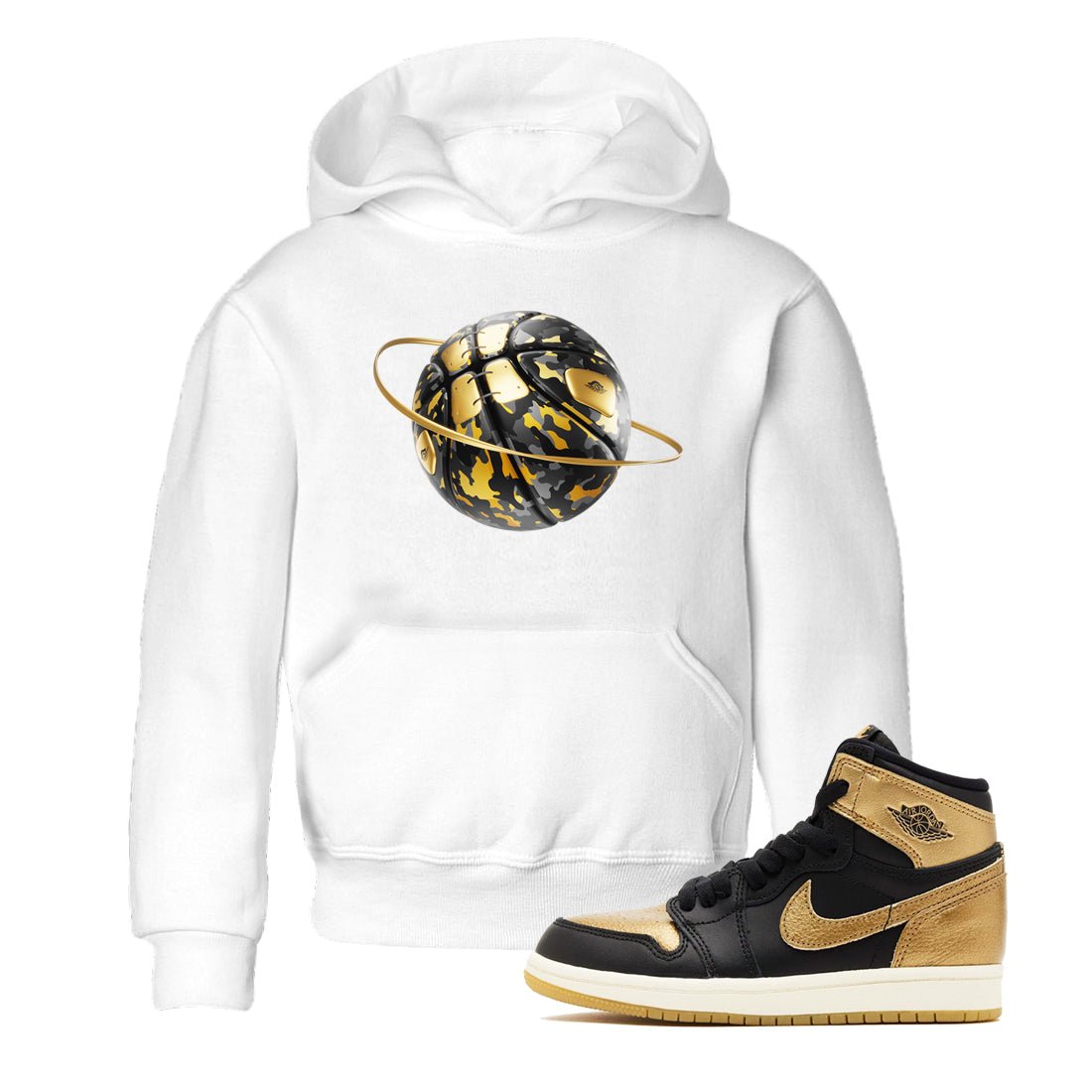 1s Black Metallic Gold shirts to match jordans Camo Basketball Planet sneaker match tees Air Jordan 1 Black Metallic Gold SNRT Sneaker Tees streetwear brand Baby and Youth White 1 cotton tee