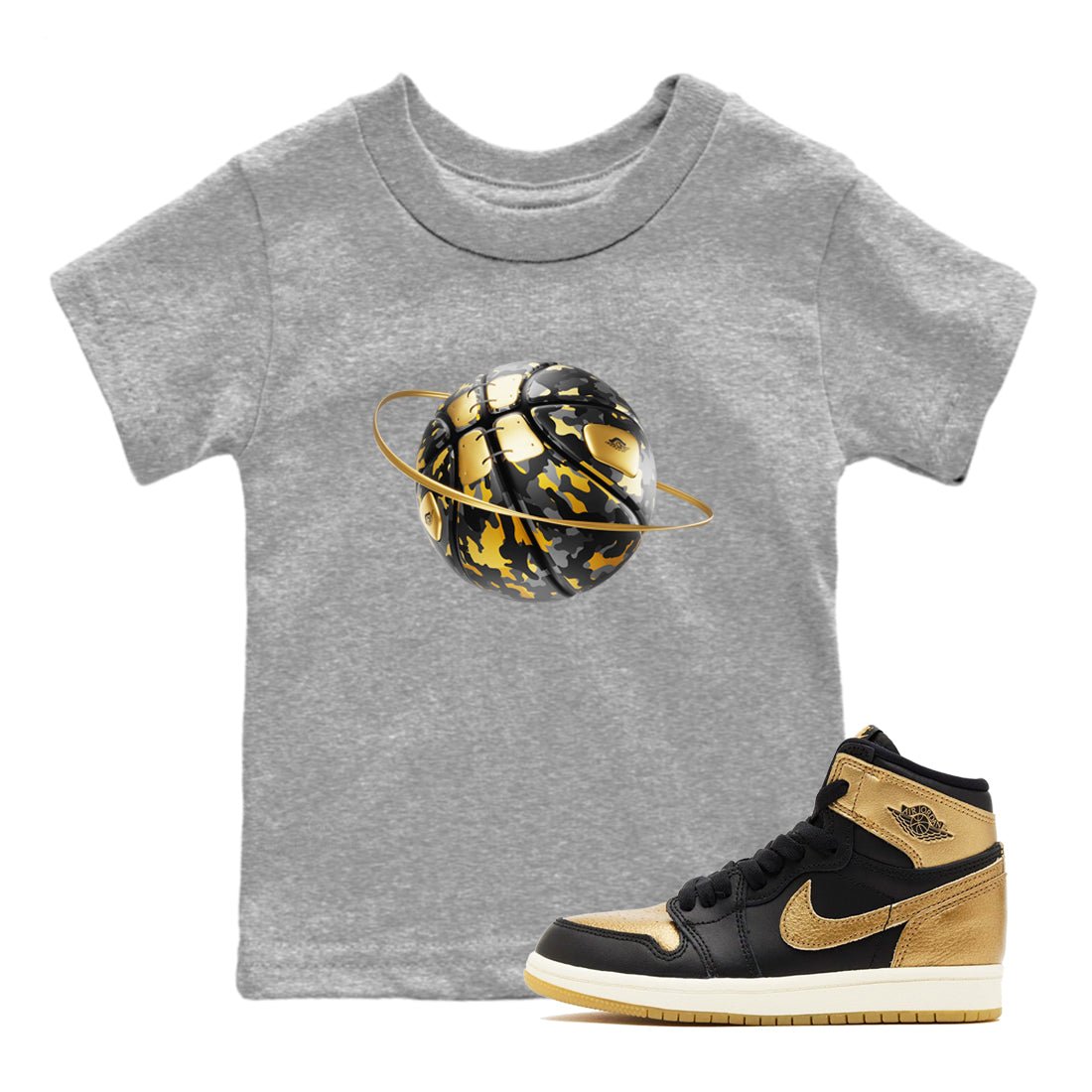 1s Black Metallic Gold shirts to match jordans Camo Basketball Planet sneaker match tees Air Jordan 1 Black Metallic Gold SNRT Sneaker Tees streetwear brand Baby and Youth Heather Grey 1 cotton tee