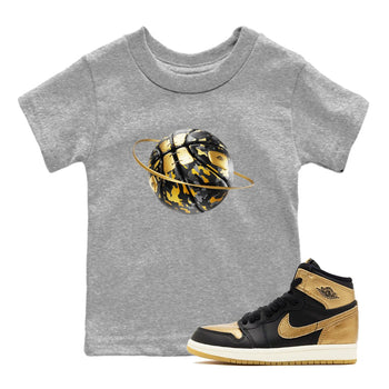 1s Black Metallic Gold shirts to match jordans Camo Basketball Planet sneaker match tees Air Jordan 1 Black Metallic Gold SNRT Sneaker Tees streetwear brand Baby and Youth Heather Grey 1 cotton tee