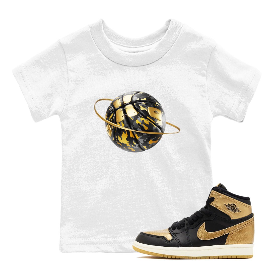 1s Black Metallic Gold shirts to match jordans Camo Basketball Planet sneaker match tees Air Jordan 1 Black Metallic Gold SNRT Sneaker Tees streetwear brand Baby and Youth White 1 cotton tee