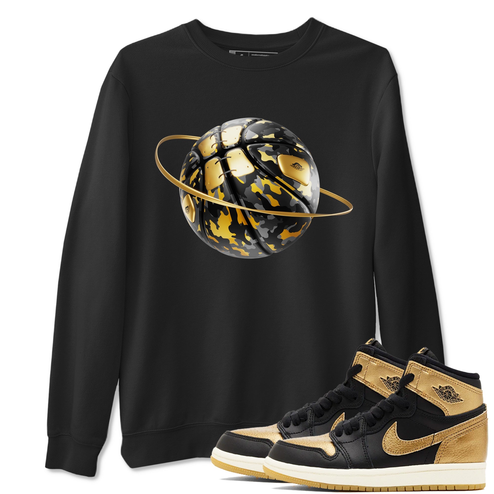 1s Black Metallic Gold shirts to match jordans Camo Basketball Planet sneaker match tees Air Jordan 1 Black Metallic Gold SNRT Sneaker Tees streetwear brand Black 1 unisex cotton tee