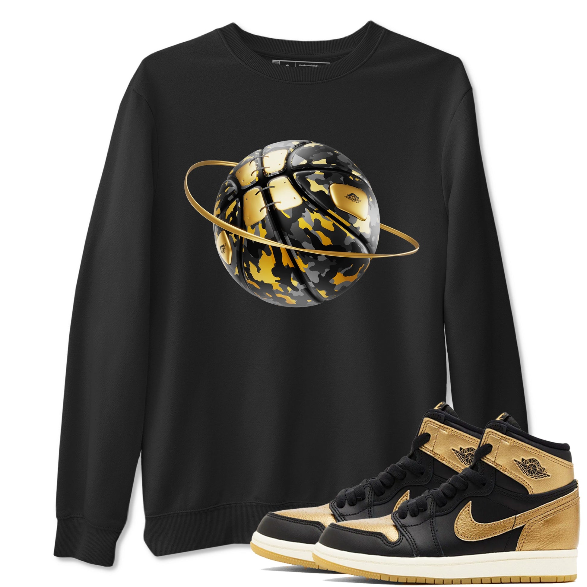 1s Black Metallic Gold shirts to match jordans Camo Basketball Planet sneaker match tees Air Jordan 1 Black Metallic Gold SNRT Sneaker Tees streetwear brand Black 1 unisex cotton tee