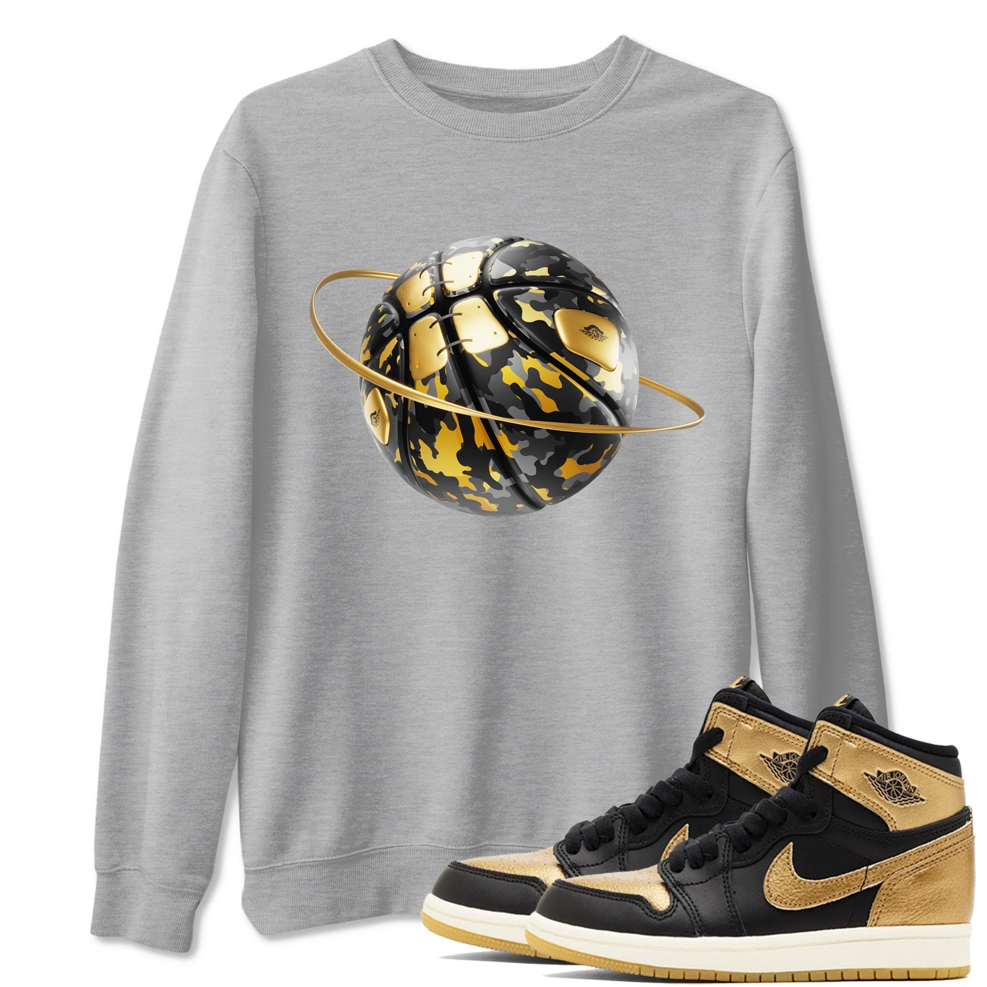 1s Black Metallic Gold shirts to match jordans Camo Basketball Planet sneaker match tees Air Jordan 1 Black Metallic Gold SNRT Sneaker Tees streetwear brand Heather Grey 1 unisex cotton tee