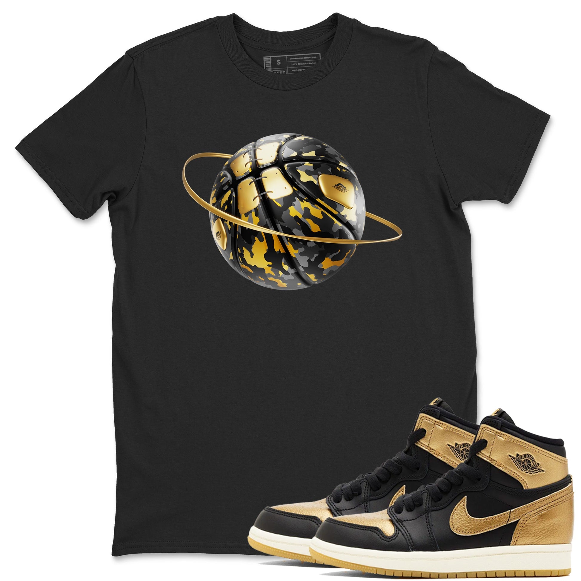 1s Black Metallic Gold shirts to match jordans Camo Basketball Planet sneaker match tees Air Jordan 1 Black Metallic Gold SNRT Sneaker Tees streetwear brand Black 1 unisex cotton tee