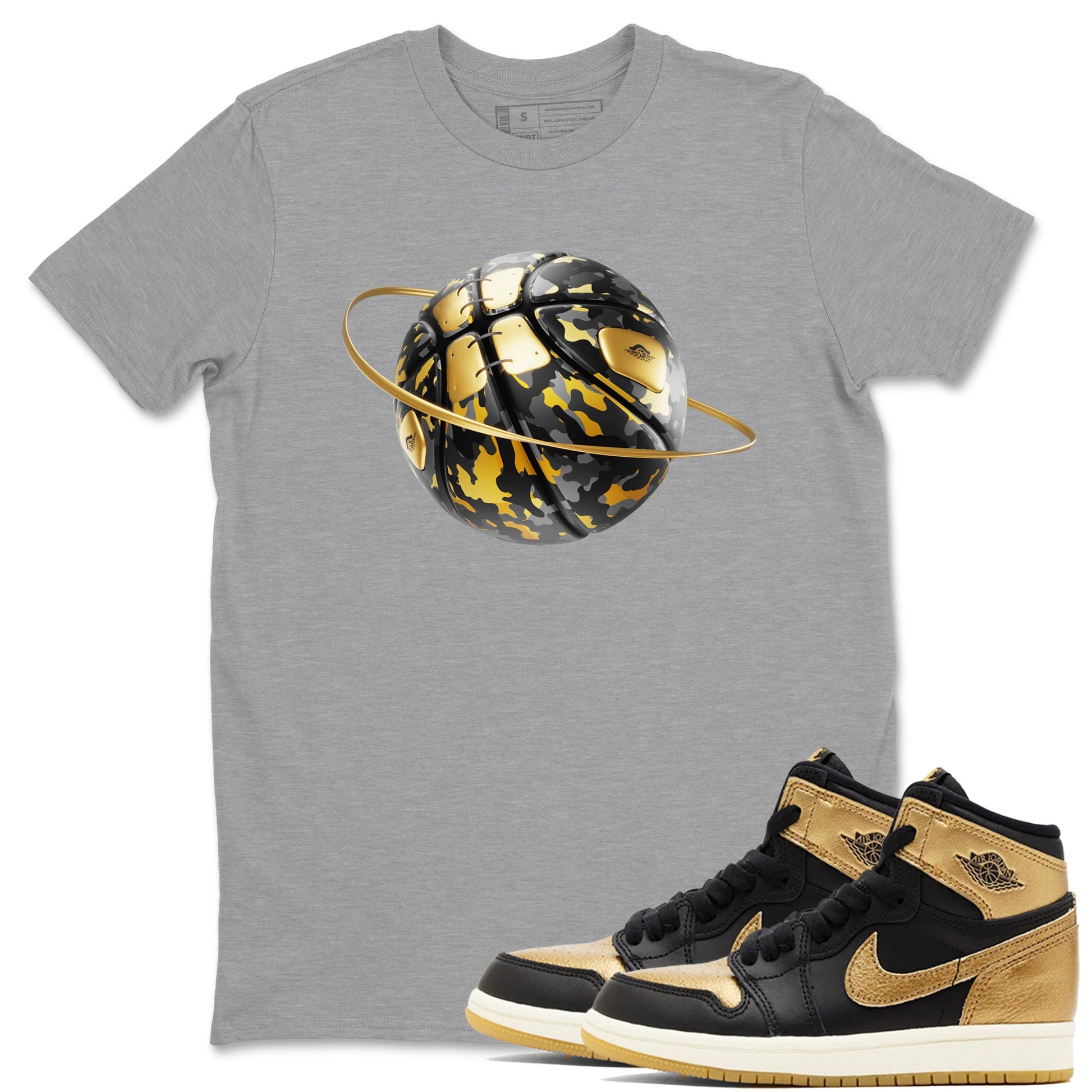 1s Black Metallic Gold shirts to match jordans Camo Basketball Planet sneaker match tees Air Jordan 1 Black Metallic Gold SNRT Sneaker Tees streetwear brand Heather Grey 1 unisex cotton tee