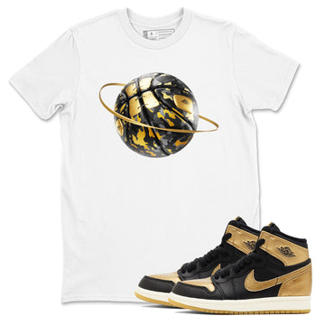 1s Black Metallic Gold shirts to match jordans Camo Basketball Planet sneaker match tees Air Jordan 1 Black Metallic Gold SNRT Sneaker Tees streetwear brand White 1 unisex cotton tee