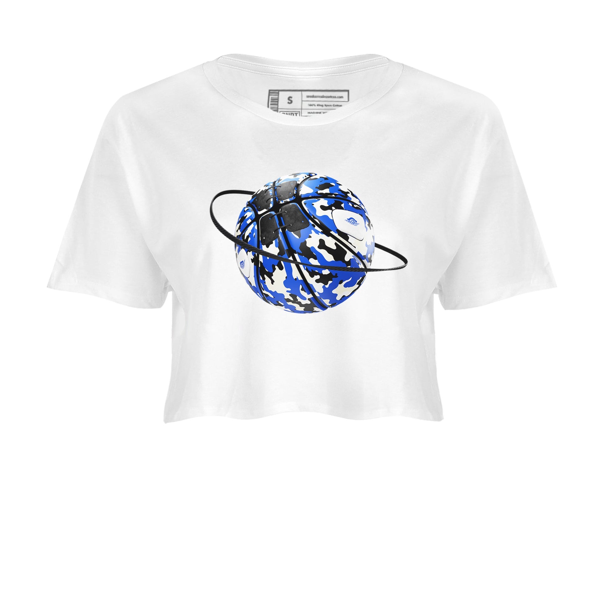 AJ1 Game Royal shirt to match jordans Camo Basketball Planet sneaker tees Air Jordan 1 Game Royal SNRT Sneaker Release Tees White 2 crop length shirt