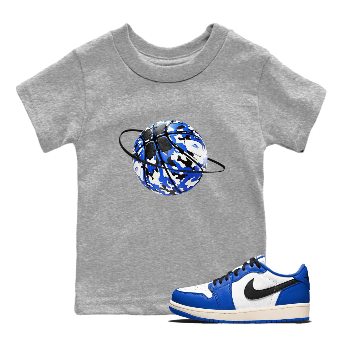 AJ1 Game Royal shirt to match jordans Camo Basketball Planet sneaker tees Air Jordan 1 Game Royal SNRT sneaker release tees baby toddler Heather Grey 1 cotton Shirt