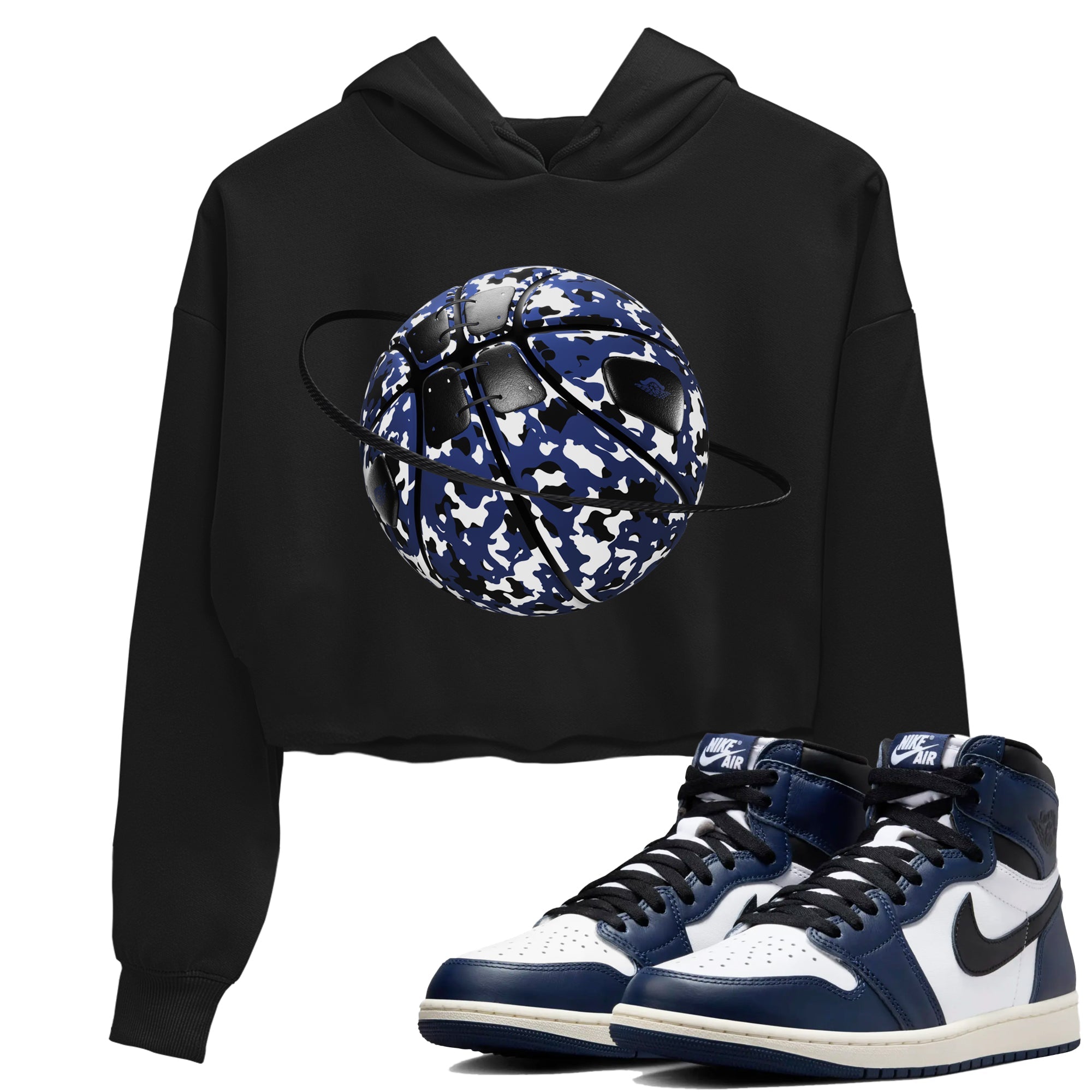 1s Midnight Navy shirts to match jordans Camo Basketball Planet sneaker match tees Air Jordan 1 Midnight Navy match shoes to clothes SNRT Sneaker Tees unisex cotton Black 1 crop tee