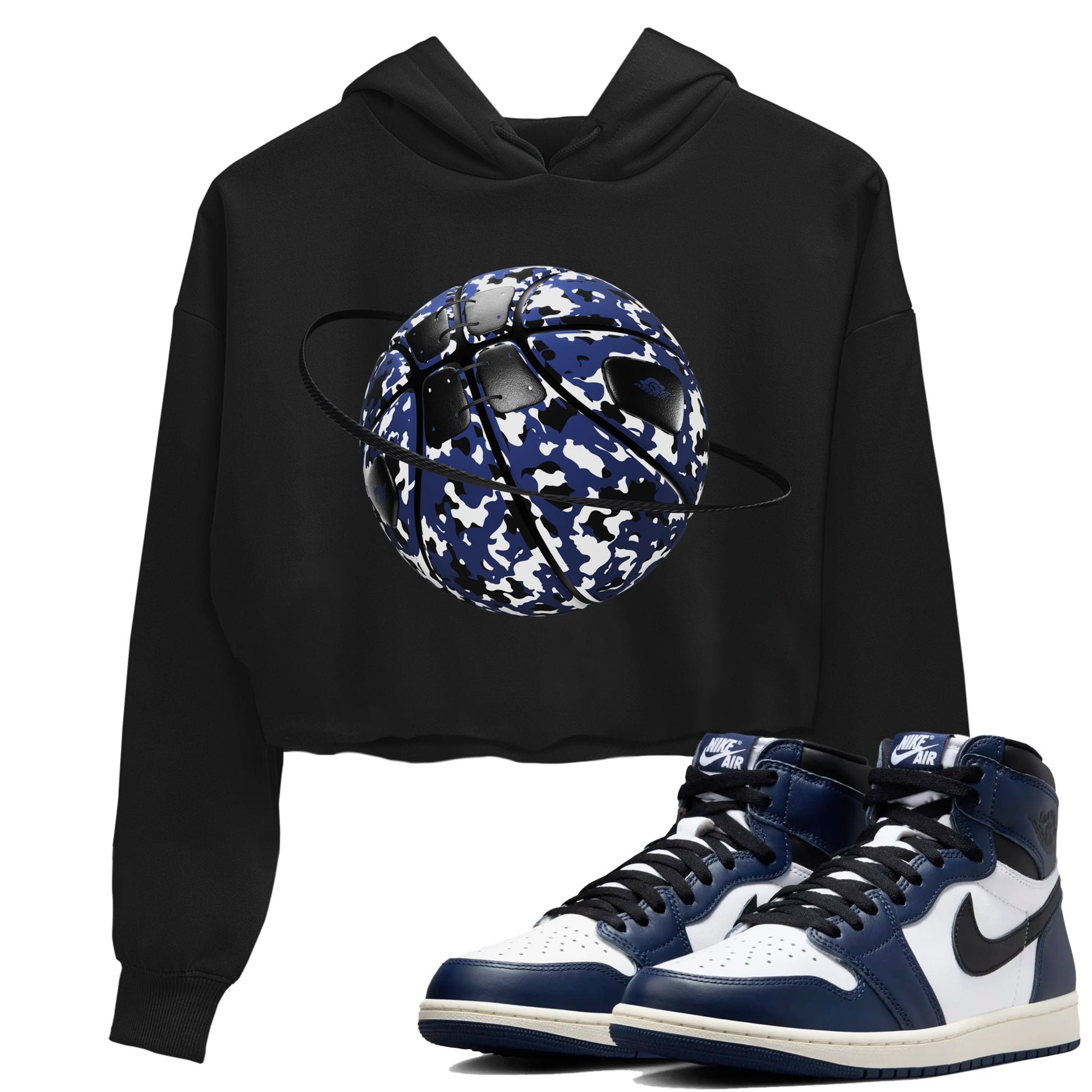 1s Midnight Navy shirts to match jordans Camo Basketball Planet sneaker match tees Air Jordan 1 Midnight Navy match shoes to clothes SNRT Sneaker Tees unisex cotton Black 1 crop tee