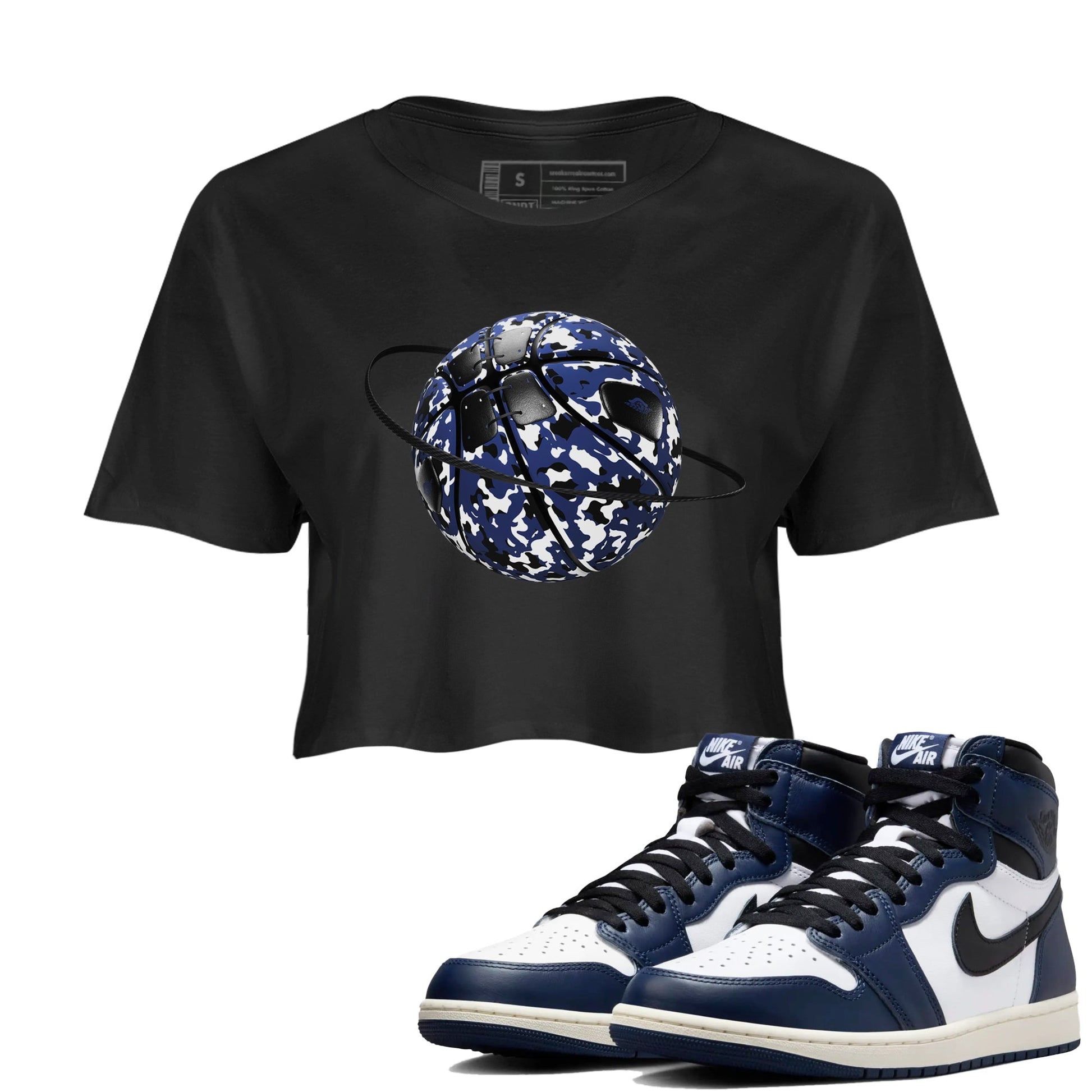 1s Midnight Navy shirts to match jordans Camo Basketball Planet sneaker match tees Air Jordan 1 Midnight Navy match shoes to clothes SNRT Sneaker Tees unisex cotton Black 1 crop tee