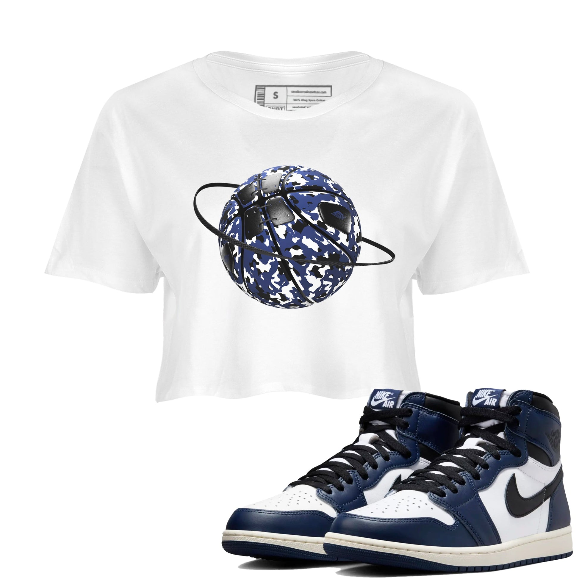 1s Midnight Navy shirts to match jordans Camo Basketball Planet sneaker match tees Air Jordan 1 Midnight Navy match shoes to clothes SNRT Sneaker Tees unisex cotton White 1 crop tee