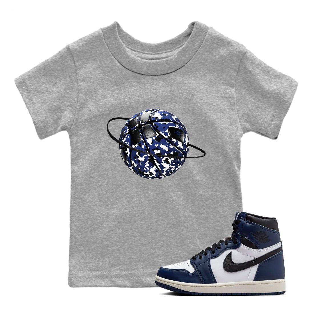1s Midnight Navy shirts to match jordans Camo Basketball Planet sneaker match tees Air Jordan 1 Midnight Navy match shoes to clothes SNRT Sneaker Tees Youth Baby Heather Grey 1 tee