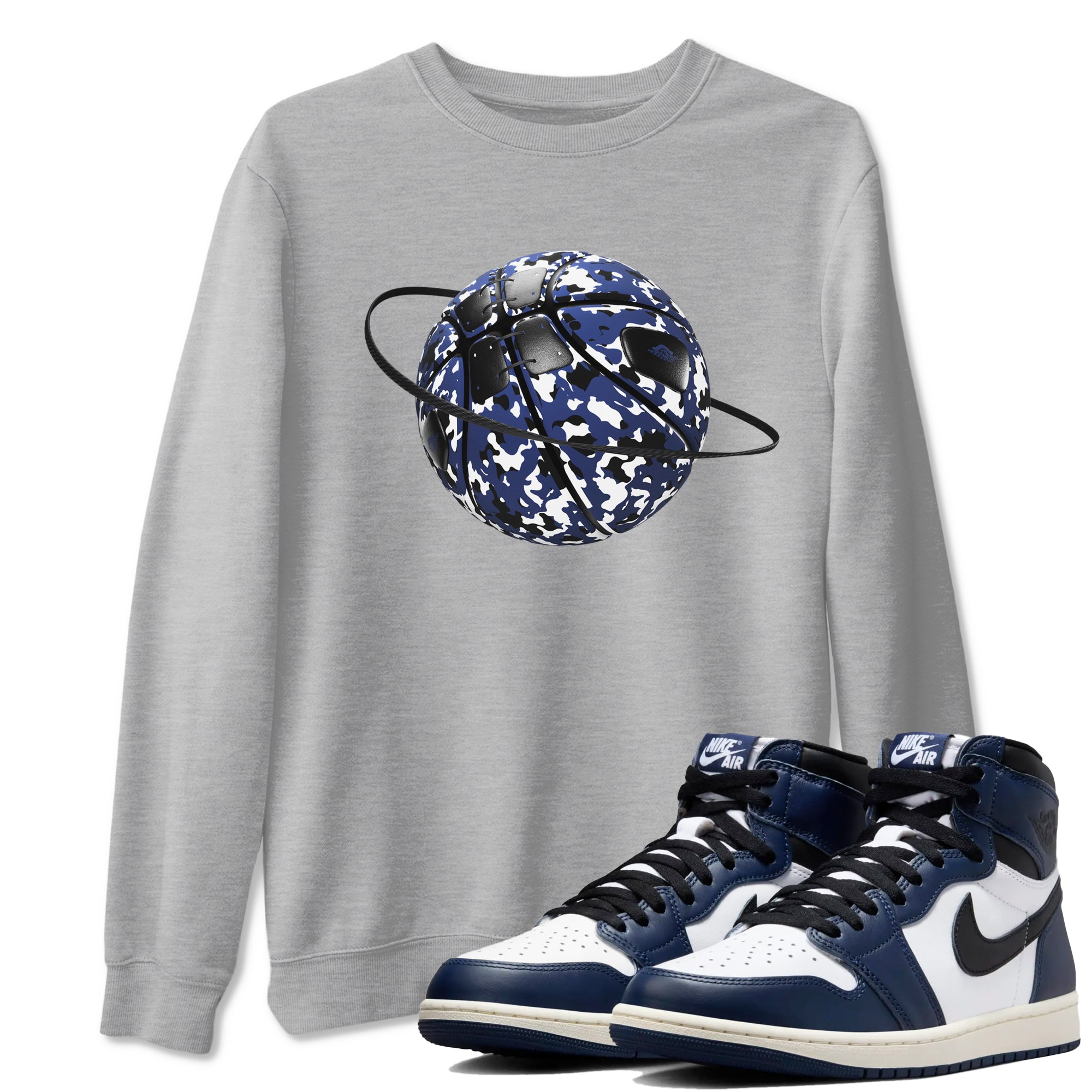1s Midnight Navy shirts to match jordans Camo Basketball Planet sneaker match tees Air Jordan 1 Midnight Navy match shoes to clothes SNRT Sneaker Tees unisex cotton Heather Grey 1 shirts