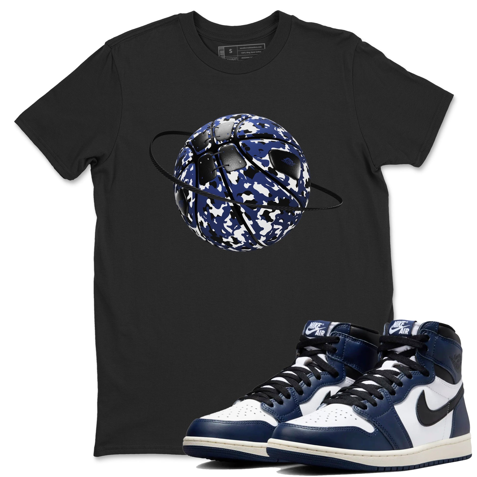 1s Midnight Navy shirts to match jordans Camo Basketball Planet sneaker match tees Air Jordan 1 Midnight Navy match shoes to clothes SNRT Sneaker Tees unisex cotton Black 1 shirts