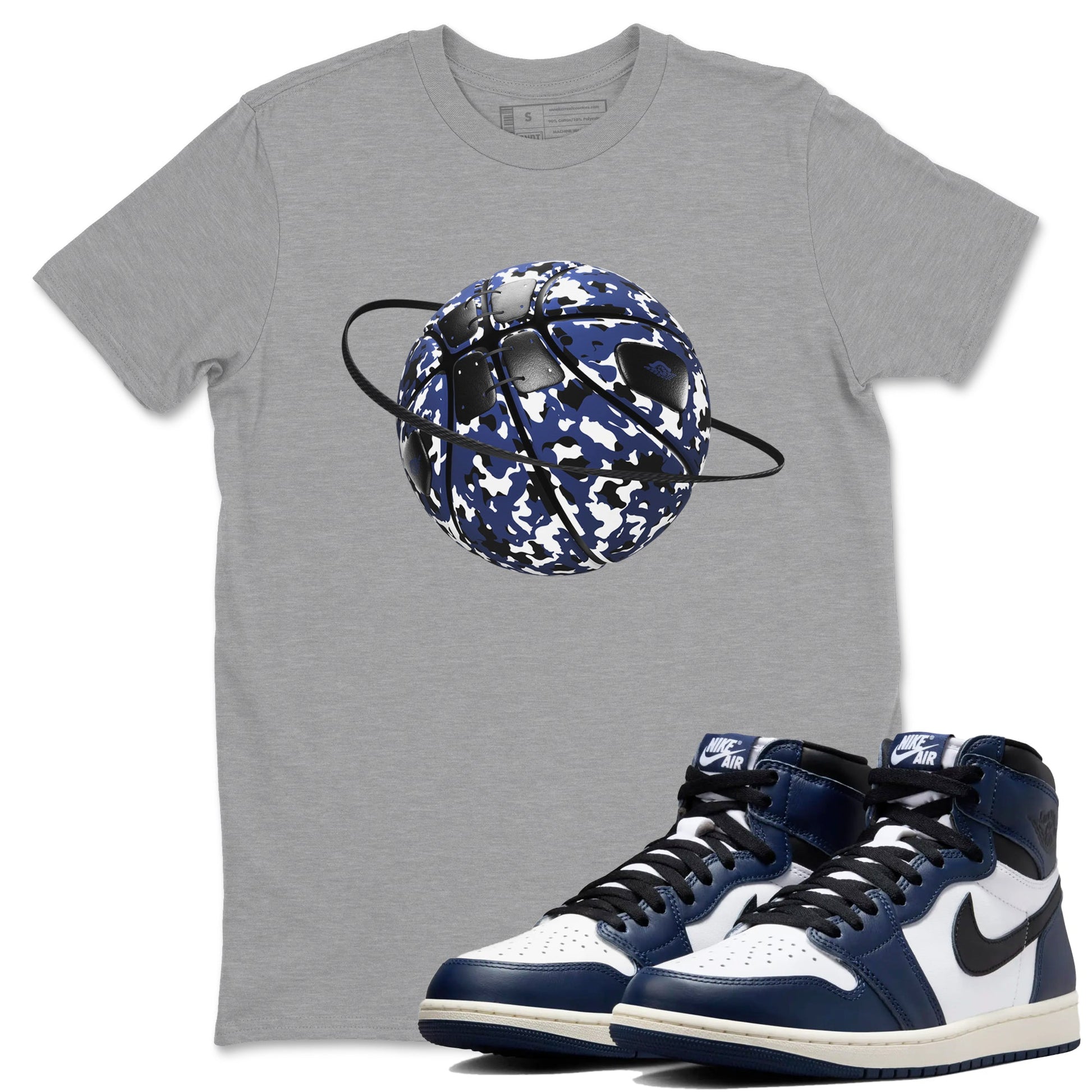 1s Midnight Navy shirts to match jordans Camo Basketball Planet sneaker match tees Air Jordan 1 Midnight Navy match shoes to clothes SNRT Sneaker Tees unisex cotton Heather Grey 1 shirts