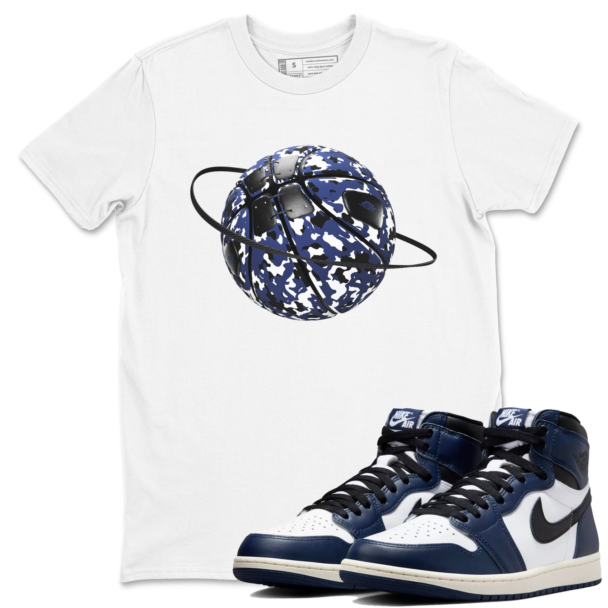 1s Midnight Navy shirts to match jordans Camo Basketball Planet sneaker match tees Air Jordan 1 Midnight Navy match shoes to clothes SNRT Sneaker Tees unisex cotton White 1 shirts