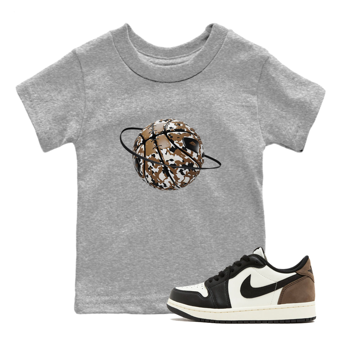 1s Low OG Mocha shirts to match jordans Camo Basketball Planet sneaker match tees Air Jordan 1 Mocha match shoes to clothes SNRT Sneaker Tees Youth Baby Heather Grey 1 tee