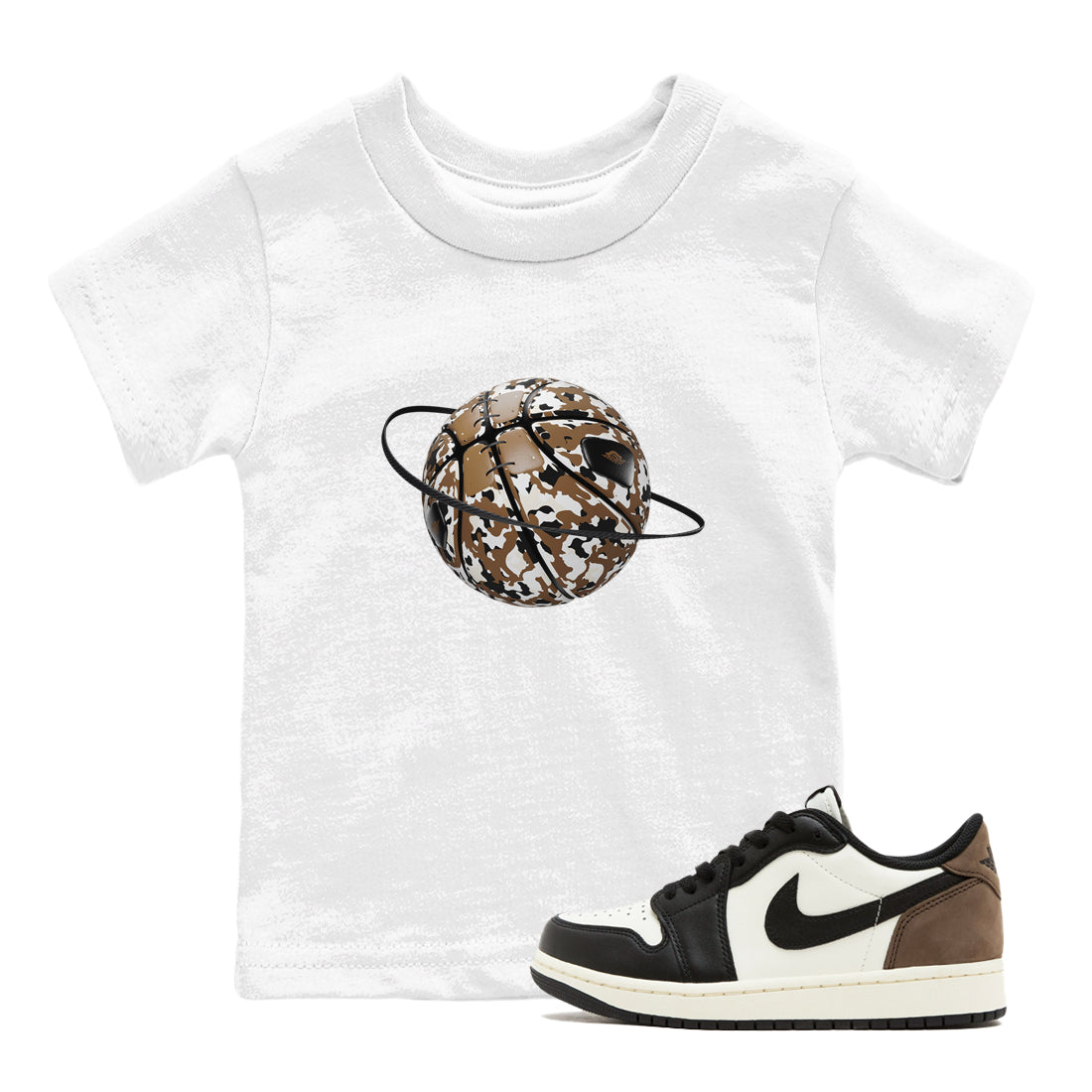 1s Low OG Mocha shirts to match jordans Camo Basketball Planet sneaker match tees Air Jordan 1 Mocha match shoes to clothes SNRT Sneaker Tees Youth Baby White 1 tee