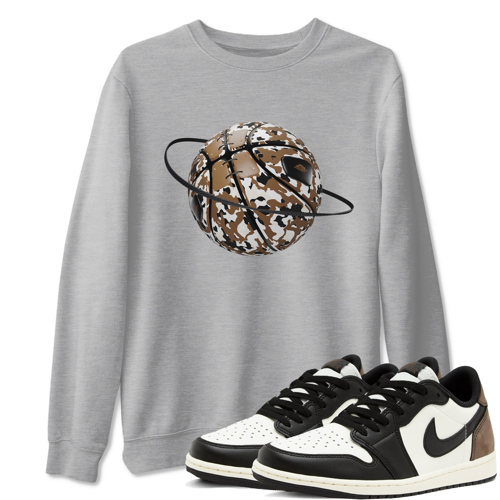 1s Low OG Mocha shirts to match jordans Camo Basketball Planet sneaker match tees Air Jordan 1 Mocha match shoes to clothes SNRT Sneaker Tees unisex cotton Heather Grey 1 shirts