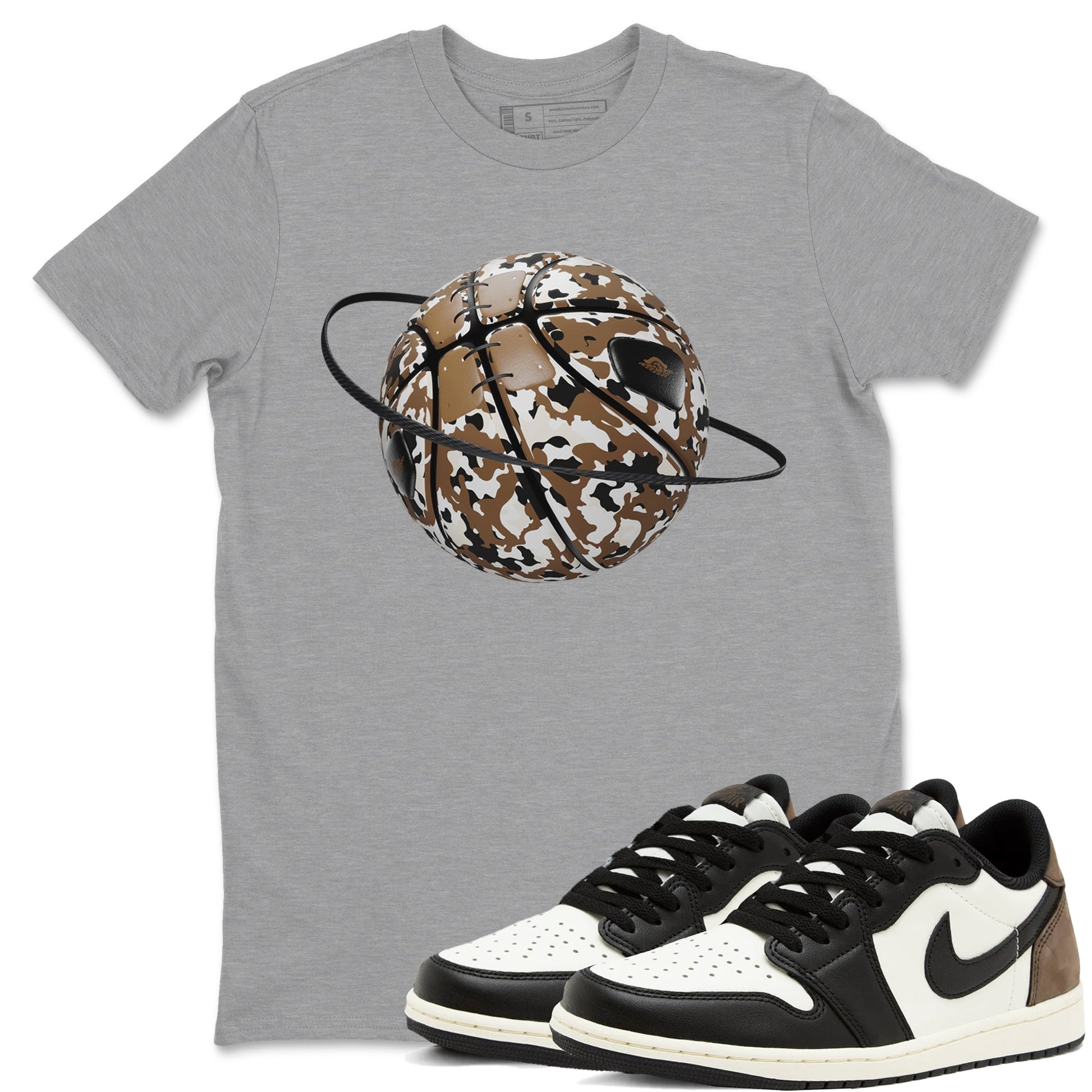 1s Low OG Mocha shirts to match jordans Camo Basketball Planet sneaker match tees Air Jordan 1 Mocha match shoes to clothes SNRT Sneaker Tees unisex cotton Heather Grey 1 shirts