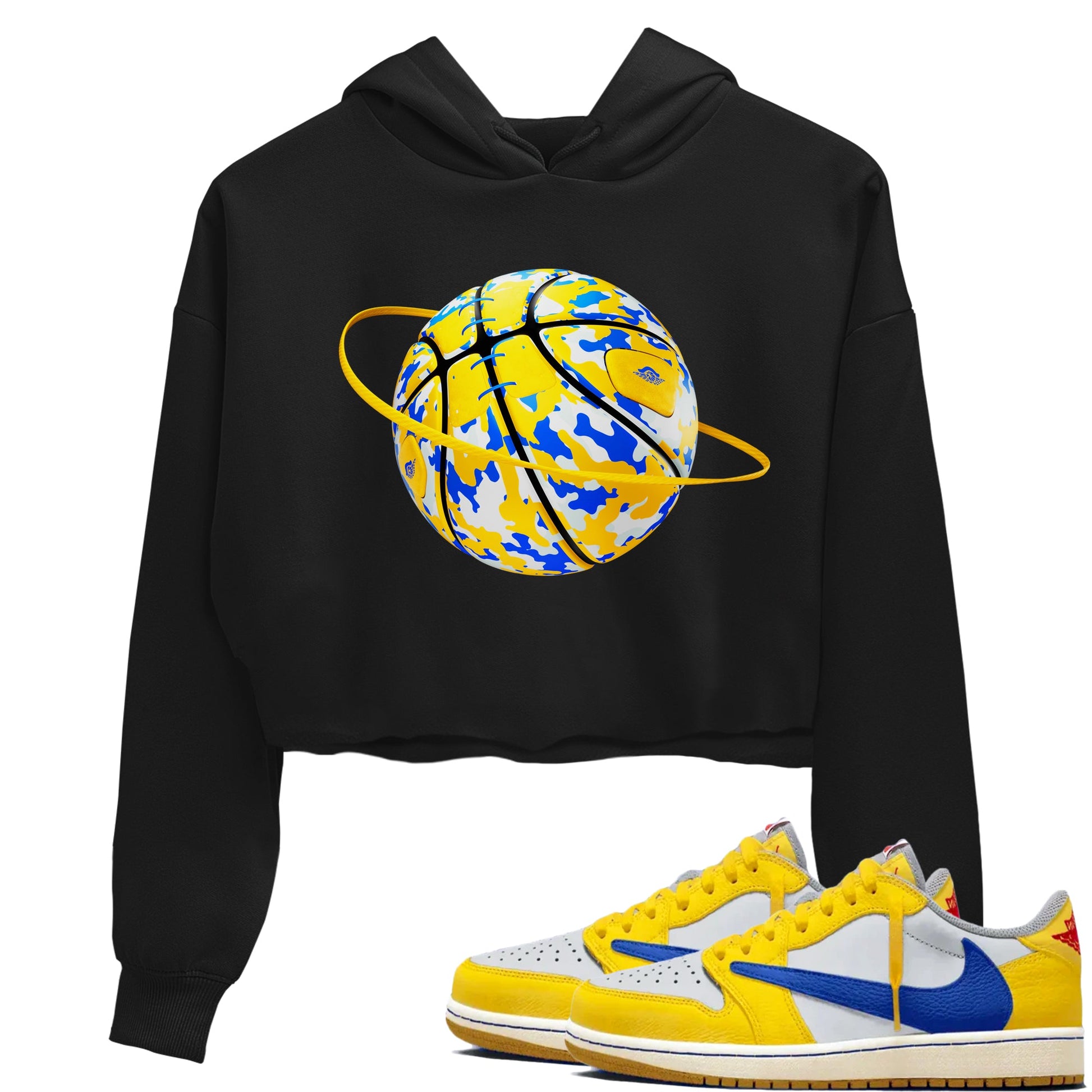 1s Travis Scott Canary shirt to match jordans Camo Basketball Planet sneaker tees Air Jordan 1 Travis Scott Canary SNRT Sneaker Release Tees Black 1 crop length shirt
