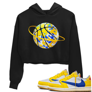 1s Travis Scott Canary shirt to match jordans Camo Basketball Planet sneaker tees Air Jordan 1 Travis Scott Canary SNRT Sneaker Release Tees Black 1 crop length shirt