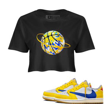 1s Travis Scott Canary shirt to match jordans Camo Basketball Planet sneaker tees Air Jordan 1 Travis Scott Canary SNRT Sneaker Release Tees Black 1 crop length shirt