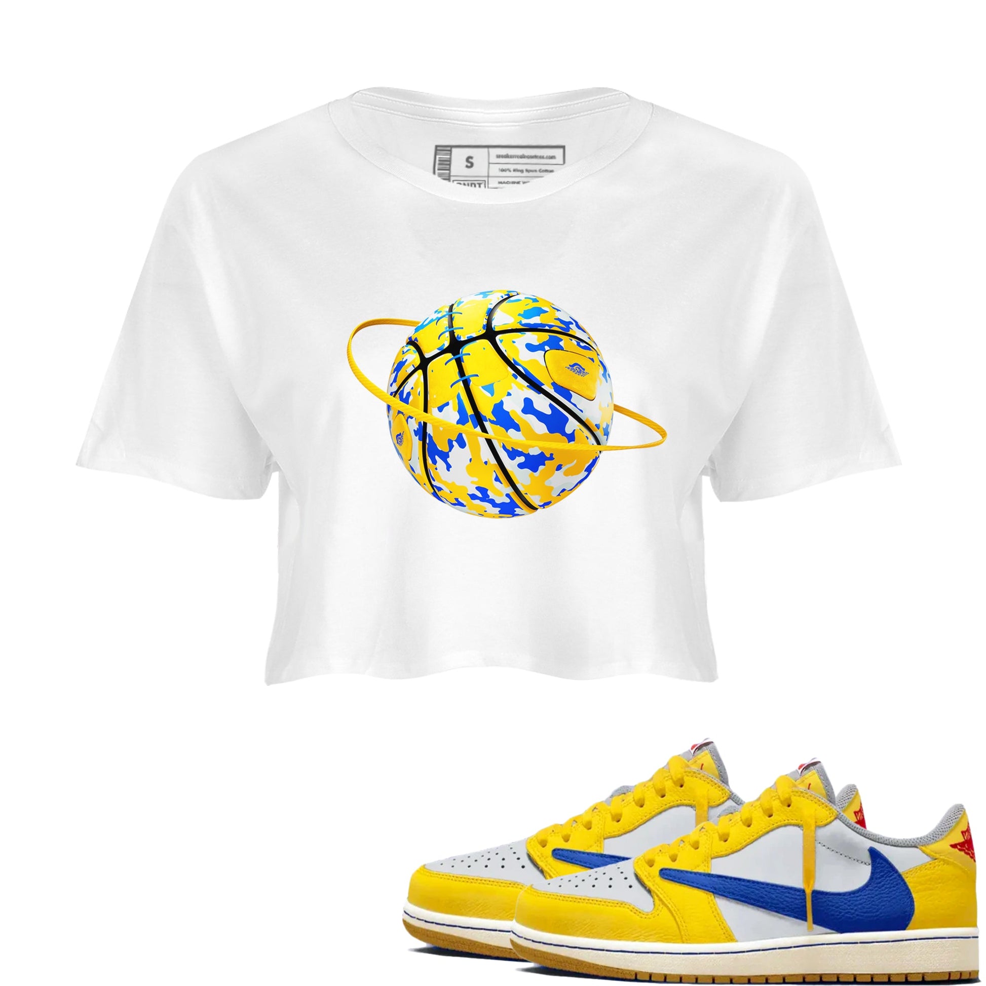 1s Travis Scott Canary shirt to match jordans Camo Basketball Planet sneaker tees Air Jordan 1 Travis Scott Canary SNRT Sneaker Release Tees White 1 crop length shirt