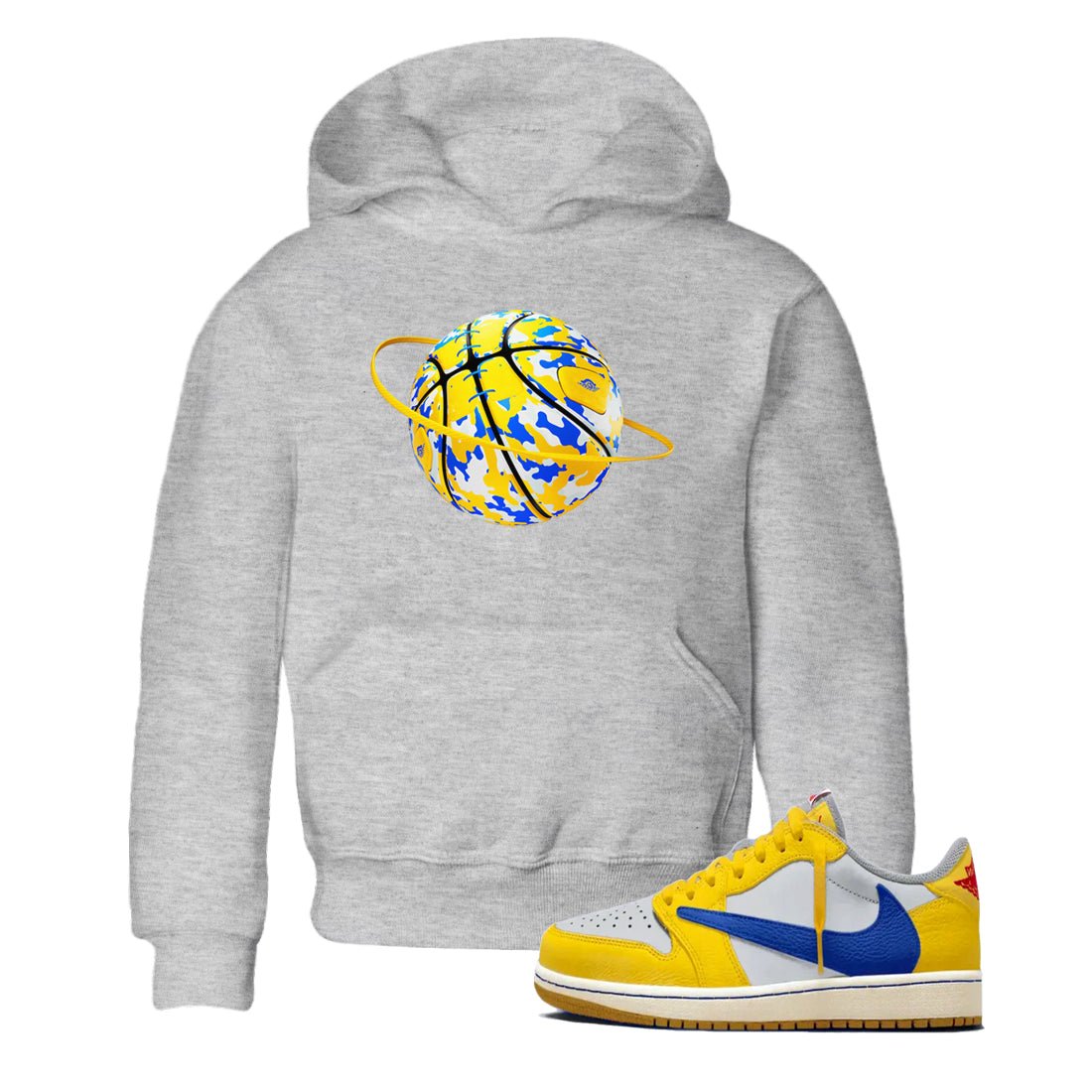 1s Travis Scott Canary shirt to match jordans Camo Basketball Planet sneaker tees Air Jordan 1 Travis Scott Canary SNRT sneaker release tees baby toddler Heather Grey 1 cotton Shirt