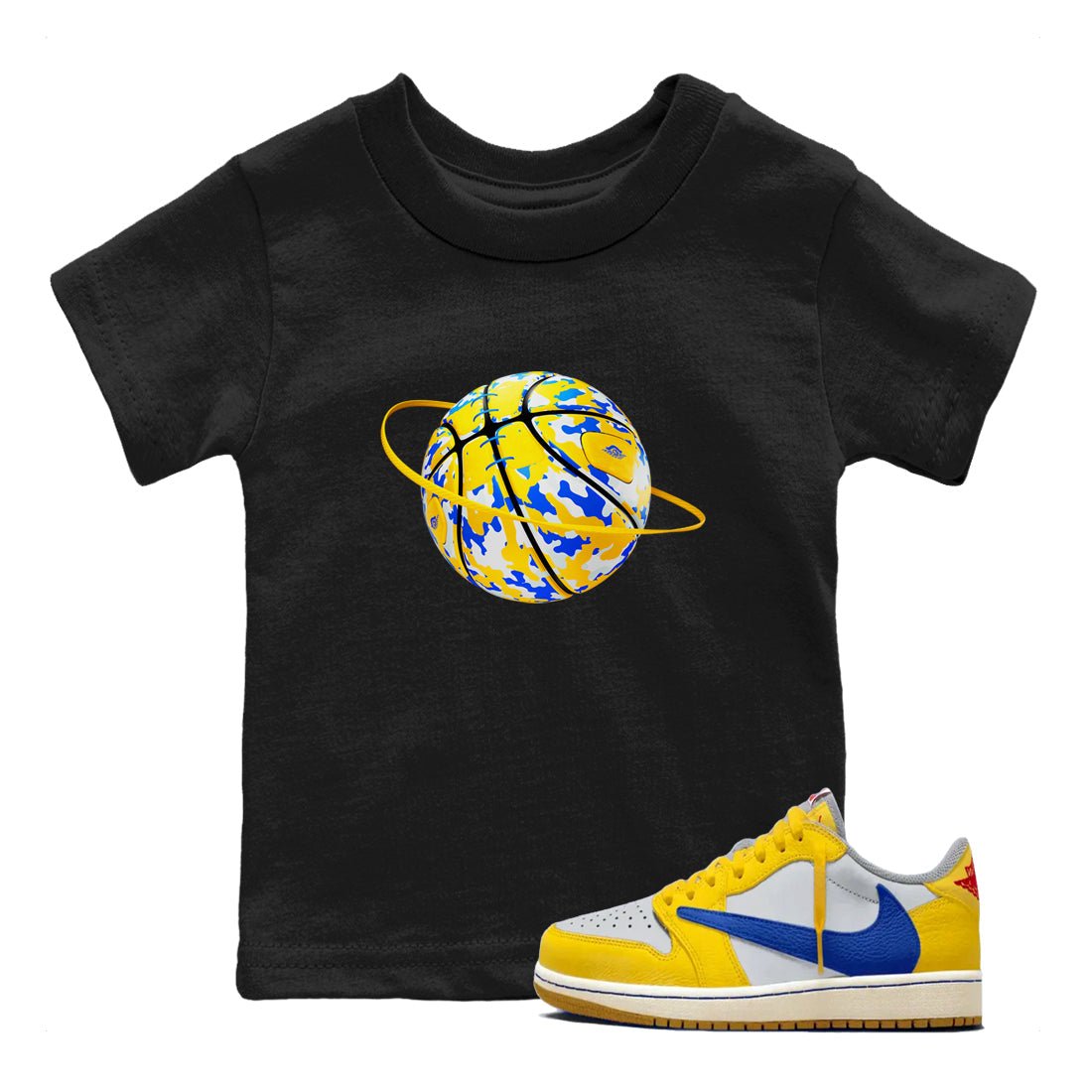 1s Travis Scott Canary shirt to match jordans Camo Basketball Planet sneaker tees Air Jordan 1 Travis Scott Canary SNRT sneaker release tees baby toddler Black 1 cotton Shirt