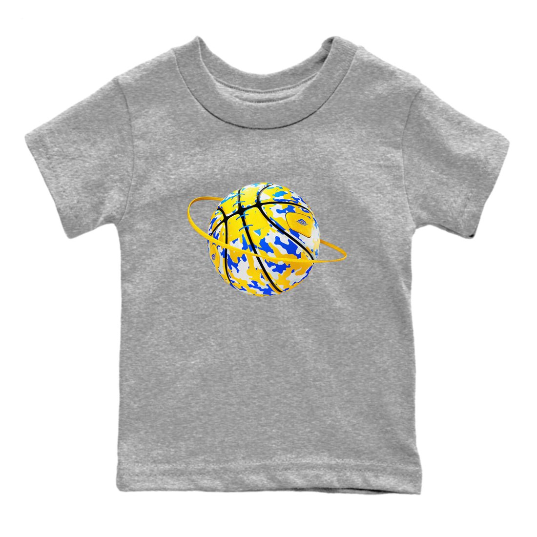 1s Travis Scott Canary shirt to match jordans Camo Basketball Planet sneaker tees Air Jordan 1 Travis Scott Canary SNRT sneaker release tees baby toddler Heather Grey 2 cotton Shirt