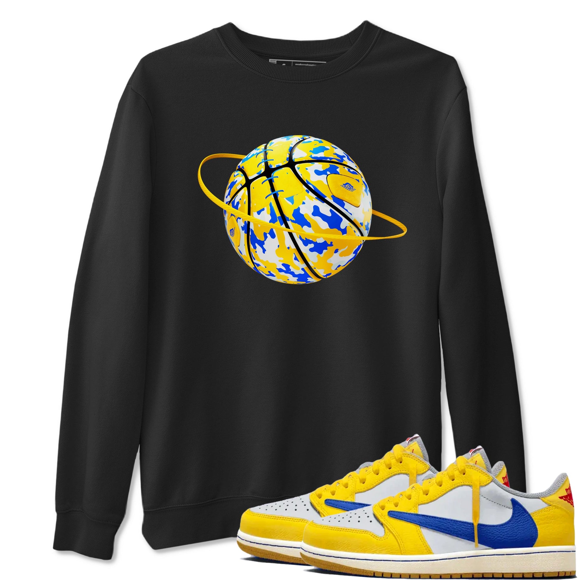 1s Travis Scott Canary shirt to match jordans Camo Basketball Planet sneaker tees Air Jordan 1 Travis Scott Canary SNRT Sneaker Release Tees unisex cotton Black 1 crew neck shirt