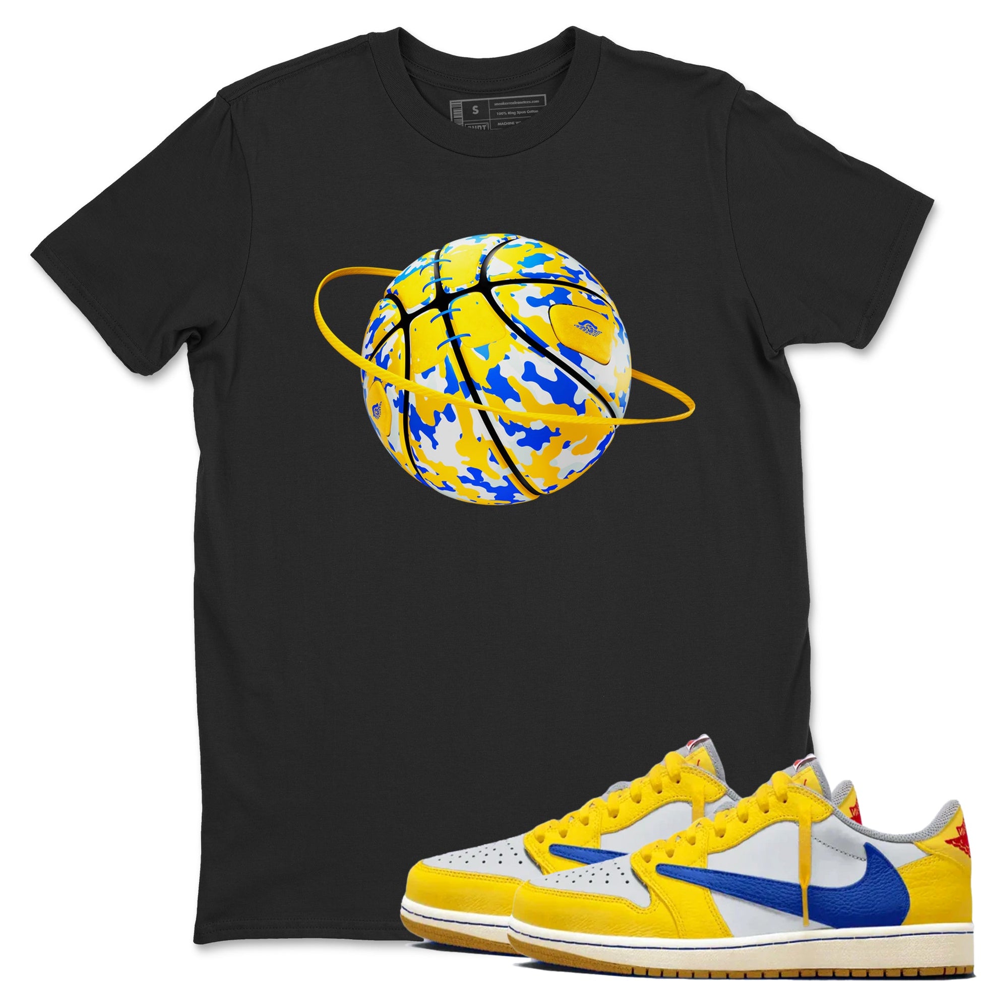 1s Travis Scott Canary shirt to match jordans Camo Basketball Planet sneaker tees Air Jordan 1 Travis Scott Canary SNRT Sneaker Release Tees unisex cotton Black 1 crew neck shirt