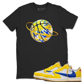 1s Travis Scott Canary shirt to match jordans Camo Basketball Planet sneaker tees Air Jordan 1 Travis Scott Canary SNRT Sneaker Release Tees unisex cotton Black 1 crew neck shirt