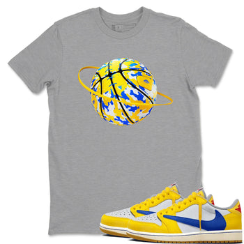 1s Travis Scott Canary shirt to match jordans Camo Basketball Planet sneaker tees Air Jordan 1 Travis Scott Canary SNRT Sneaker Release Tees unisex cotton Heather Grey 1 crew neck shirt
